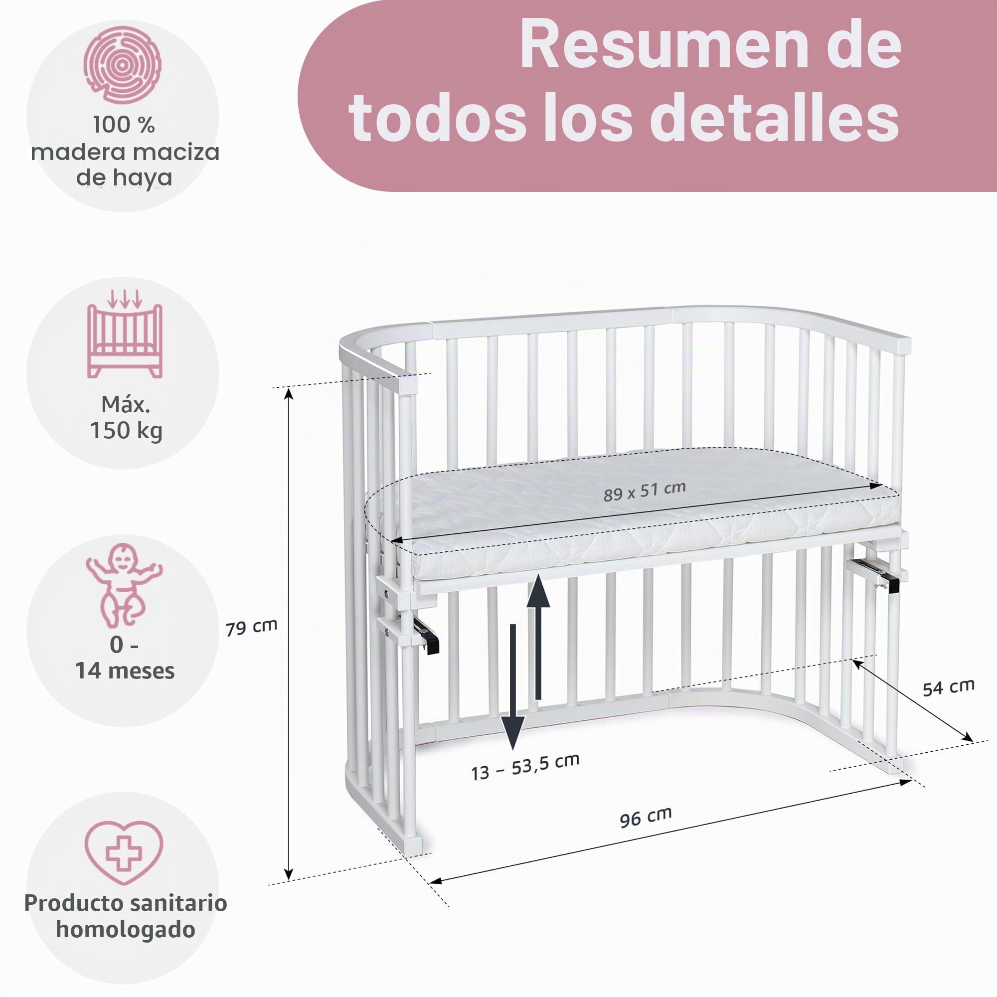 Babybay Maxi cuna colecho de madera de haya maciza con colchón Classic Soft para el día y la noche/Cuna regulable en altura & ecológica/Cuna que crece con el niño
