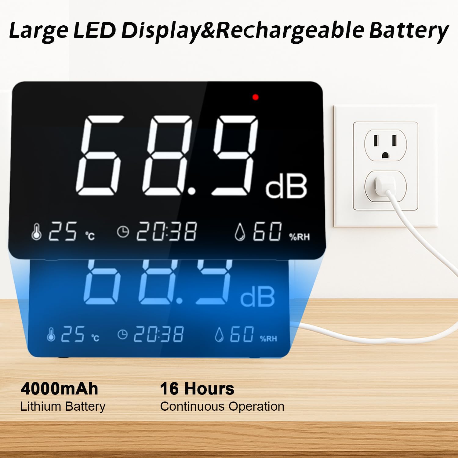 ‌LYCEBELL Medidor de nivel de sonido con registro de datos y exportación de 26 000, medidor digital de decibelios de ruido de 30-130 dB con alarma, peso A, recargable para casa, alquiler turístico