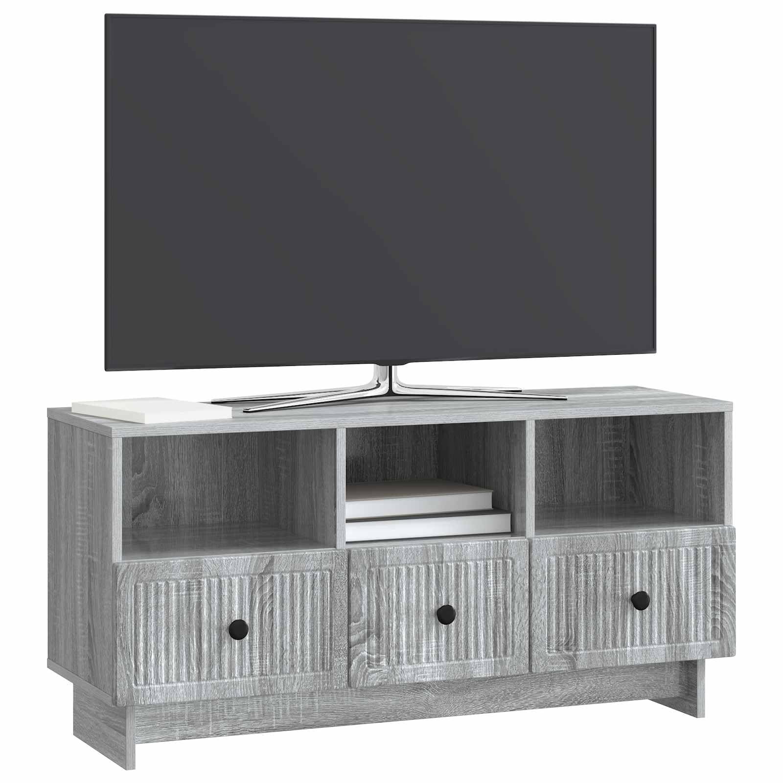 Mobile TV Sonoma grigio, 102 x 34,5 x 50 cm, in legno con vano portaoggetti, gestione dei cavi e 3 cassetti per soggiorno moderno, home theater, console multimediale, mobile TV, credenza