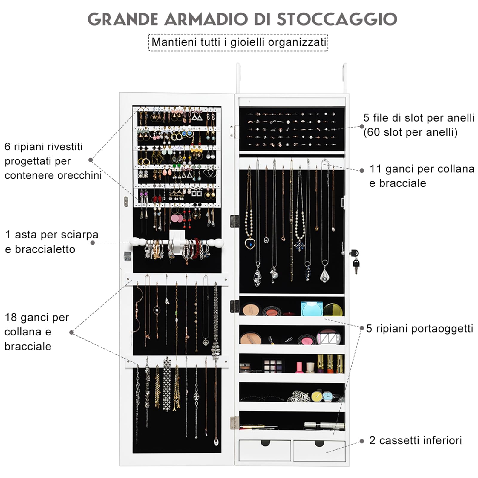 COSTWAY Armadietto Portagioie a Muro, Parete, con Luci LED