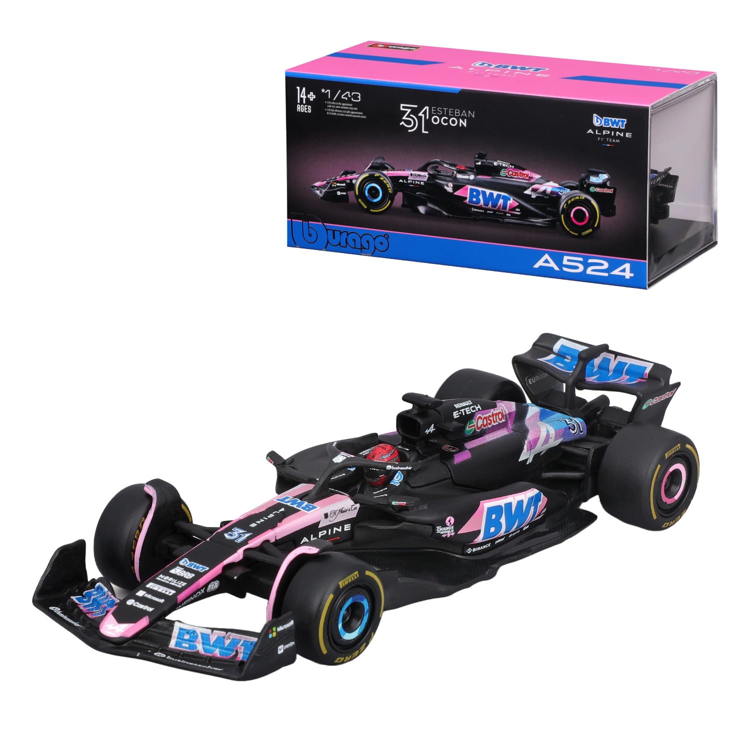 Bburago - Alpine A524 F1 2024#Ocon Avec Casque - Voiture Miniature De Collection En Métal À L'Échelle 1/43 - Modèle Réduit Officiel Formule 1 Saison 2024 - Détails Réalistes - Edition Collector