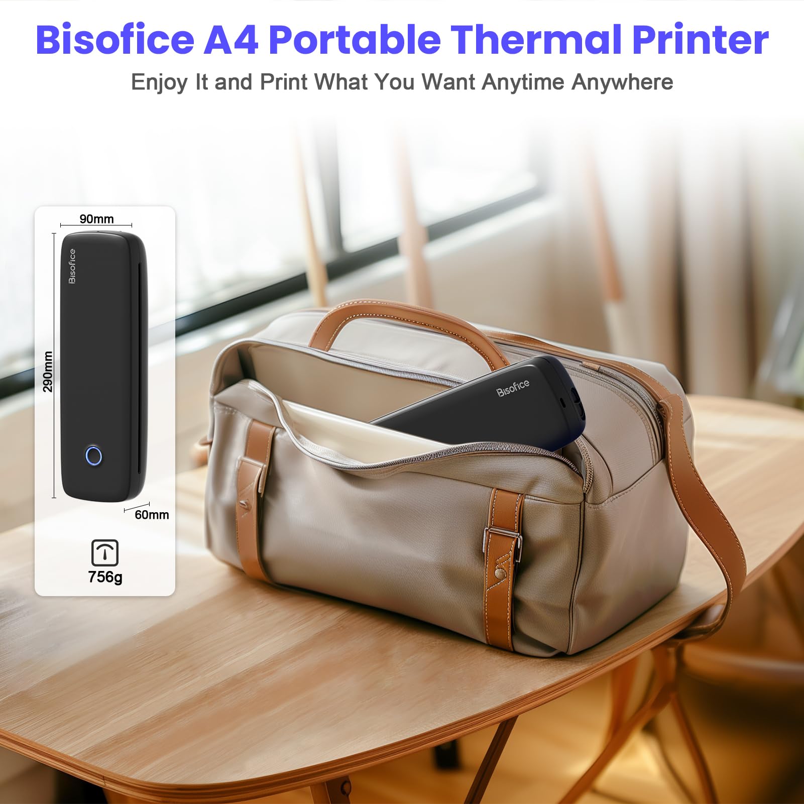 Bisofice Stampante Termica Portatile A4, 300DPI Stampante Bluetooth Senza inchiostro, Adatto per carta 2''/3''/4''/8'', Stampante Compatta per Ufficio, Viaggi, Studio, Casa, Nero