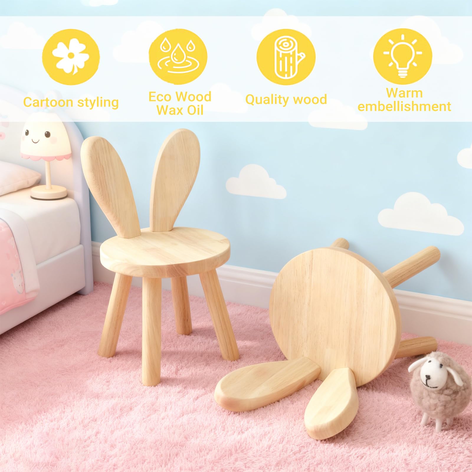 Petite Chaise Enfant Bois Oreilles de Lapin 45 x Ø 26 cm Tabouret Massif Chambre d'enfant