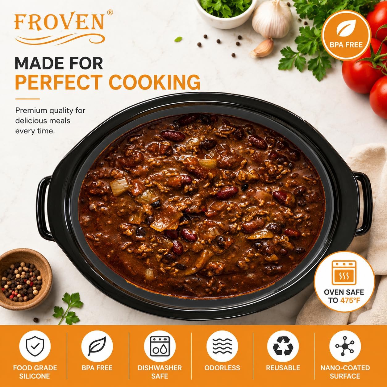 FROVEN 4-4.5 Quart Slow Cooker Liner Insert Reusable Silicone accessories | For most oval 4QT to 4.5QT slow cookers; Thick & Sturdy; Heat-resistant; Dishwasher-safe; Easy cleanup; 1-compartment design