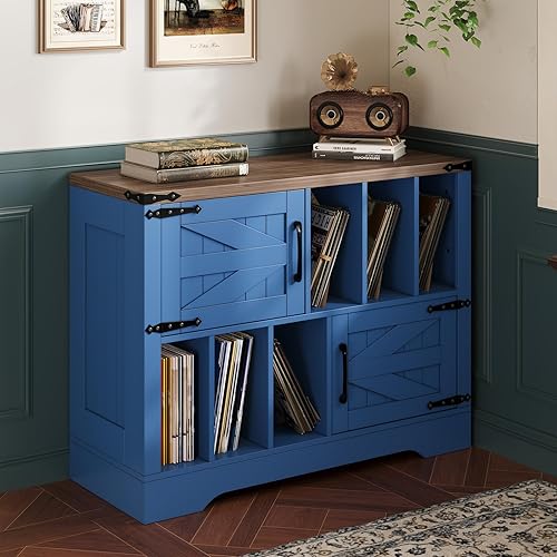 Miniatura 5 de GarveeHome Almacenamiento de discos de vinilo grande de 39 pulgadas, soporte para tocadiscos de madera de granja con armario de almacenamiento y 2