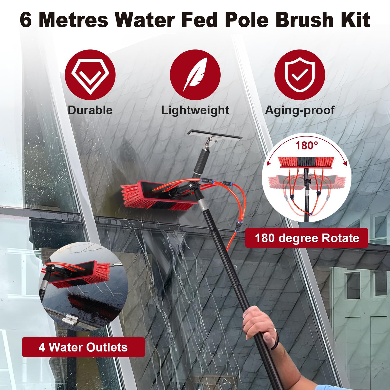 Genérico Cepillo telescópico para Ventanas de 6 m, Extensible con Barra de Agua, escobilla de Goma, ángulo Ajustable y dispensador de jabón. Conector de Manguera común para Paneles solares,