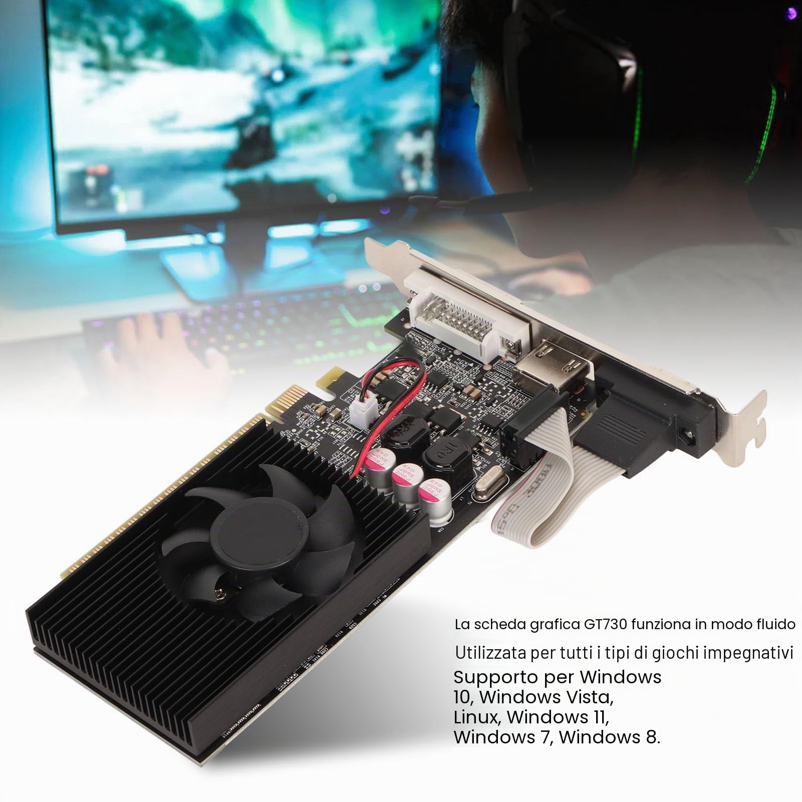 Scheda Grafica per Computer, GT730 Supporto per Scheda Grafica GDDR3 da 2 GB a 64 Bit Interfaccia HDMI VGA DVI Slot per Scheda Grafica PCI Express 2.0 con Ventola di