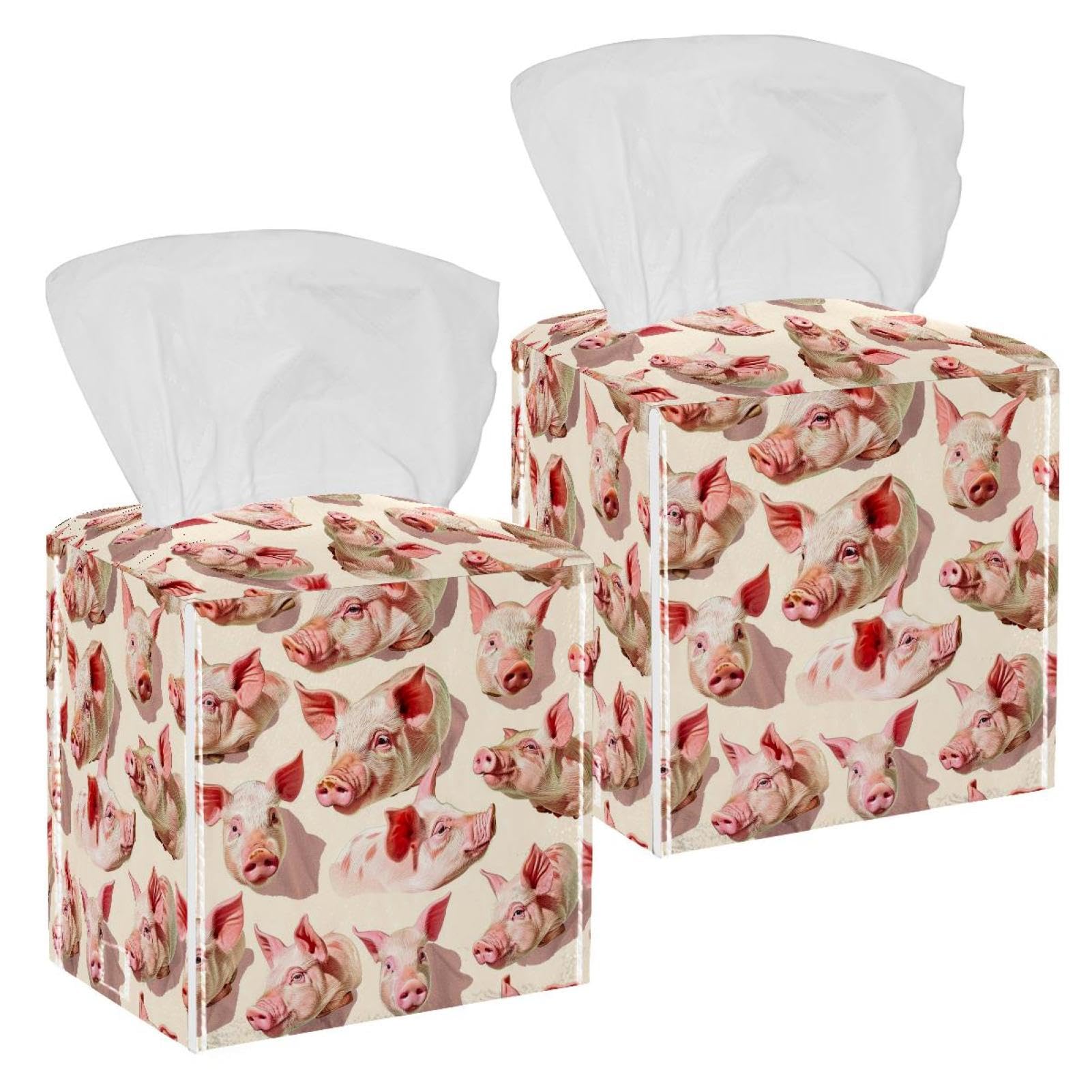 Pigs Tissue Box Cover, 2 Pack PU Leather Square Facial Tissue Dispenser Box holder for Home Office Car