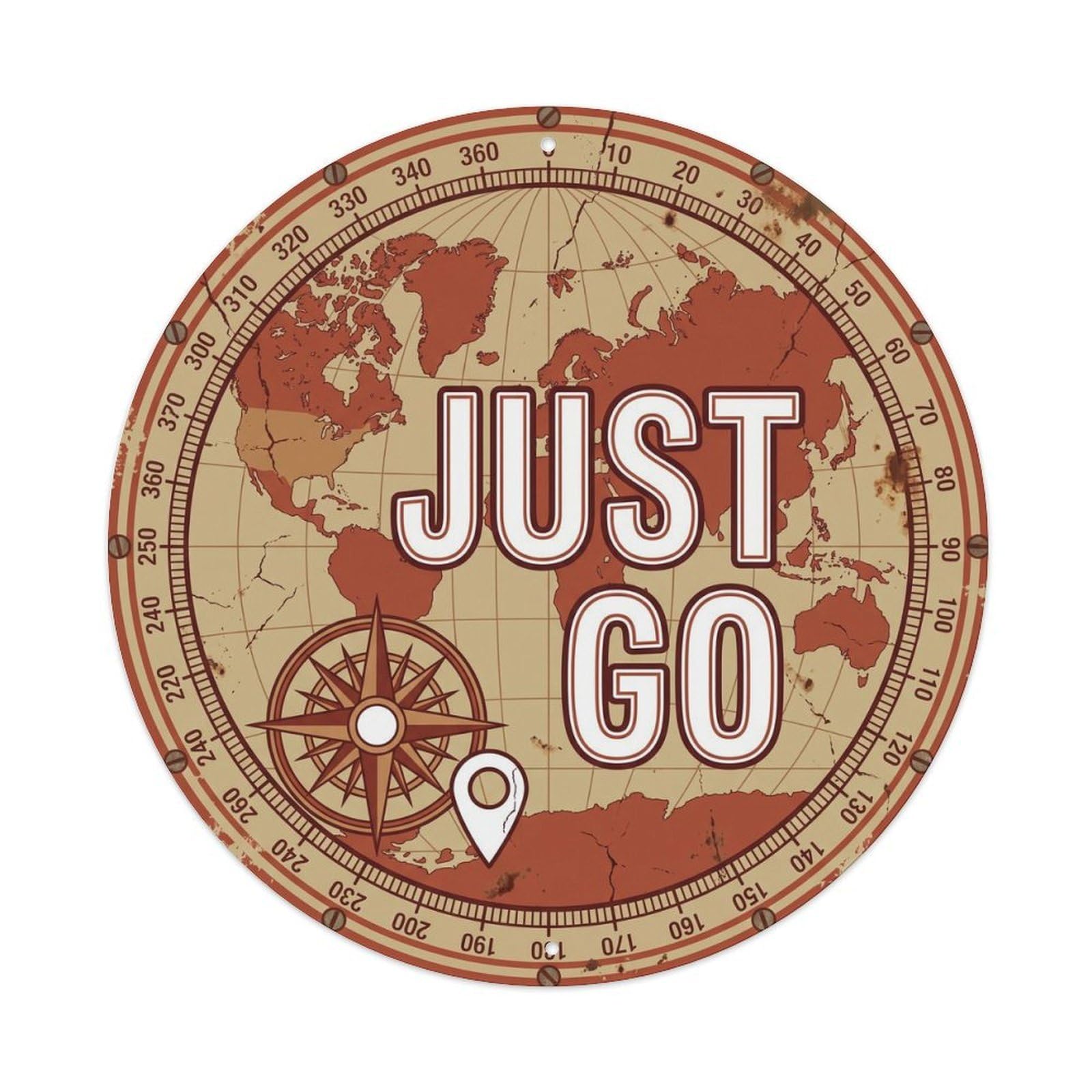 Vintage World Map with Compass Just Go Nomadic Metal Tin Sign