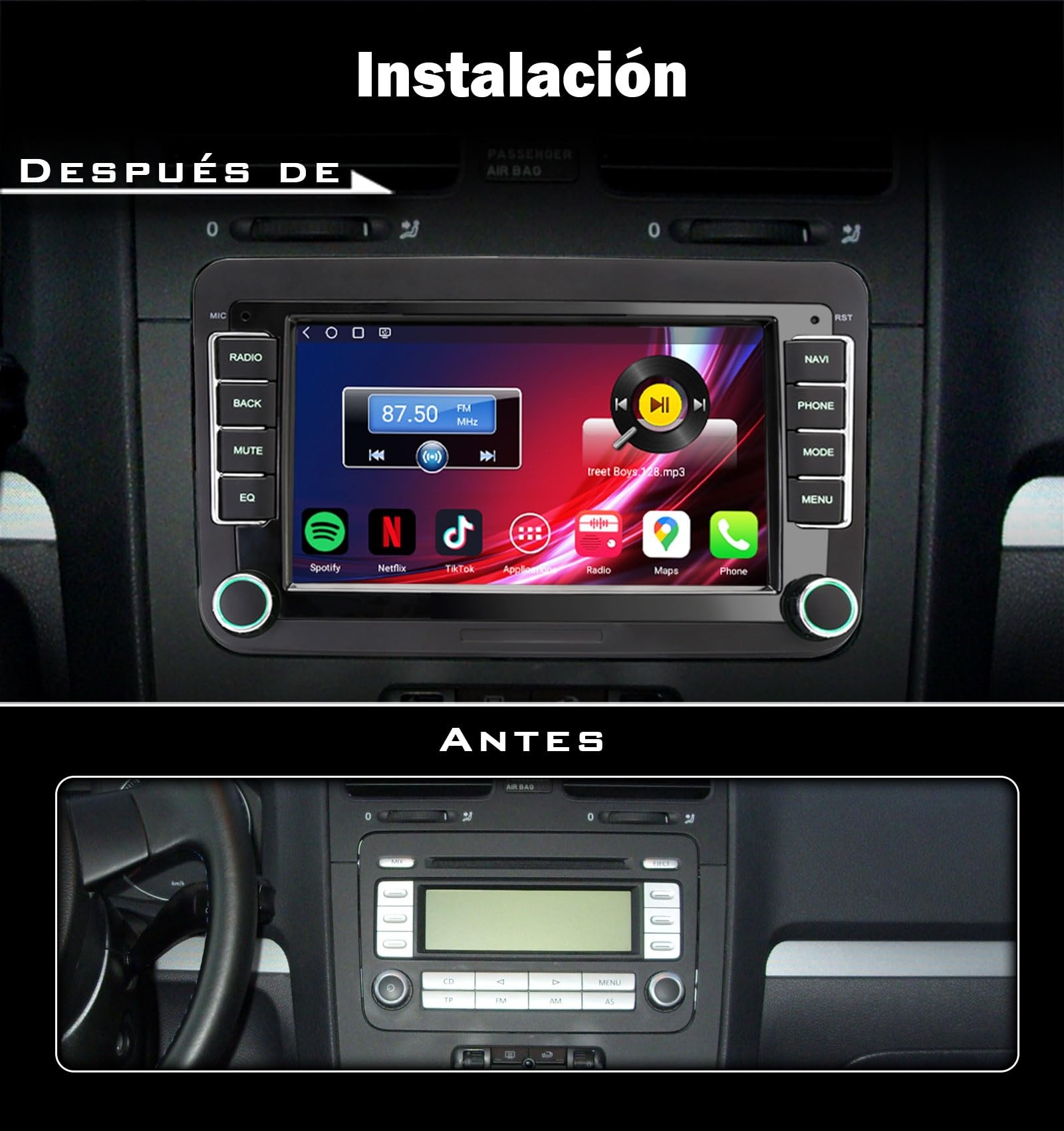 Erisin Qualcomm 8-Core 4GB+64GB Android 14 Radio Coche Bluetooth GPS Navegador para VW Golf 5/6 Passat Polo Tiguan Touran Caddy T5 Seat Skoda 7" Pantalla CarPlay Android Auto Dab+ WiFi Canbus 4G USB
