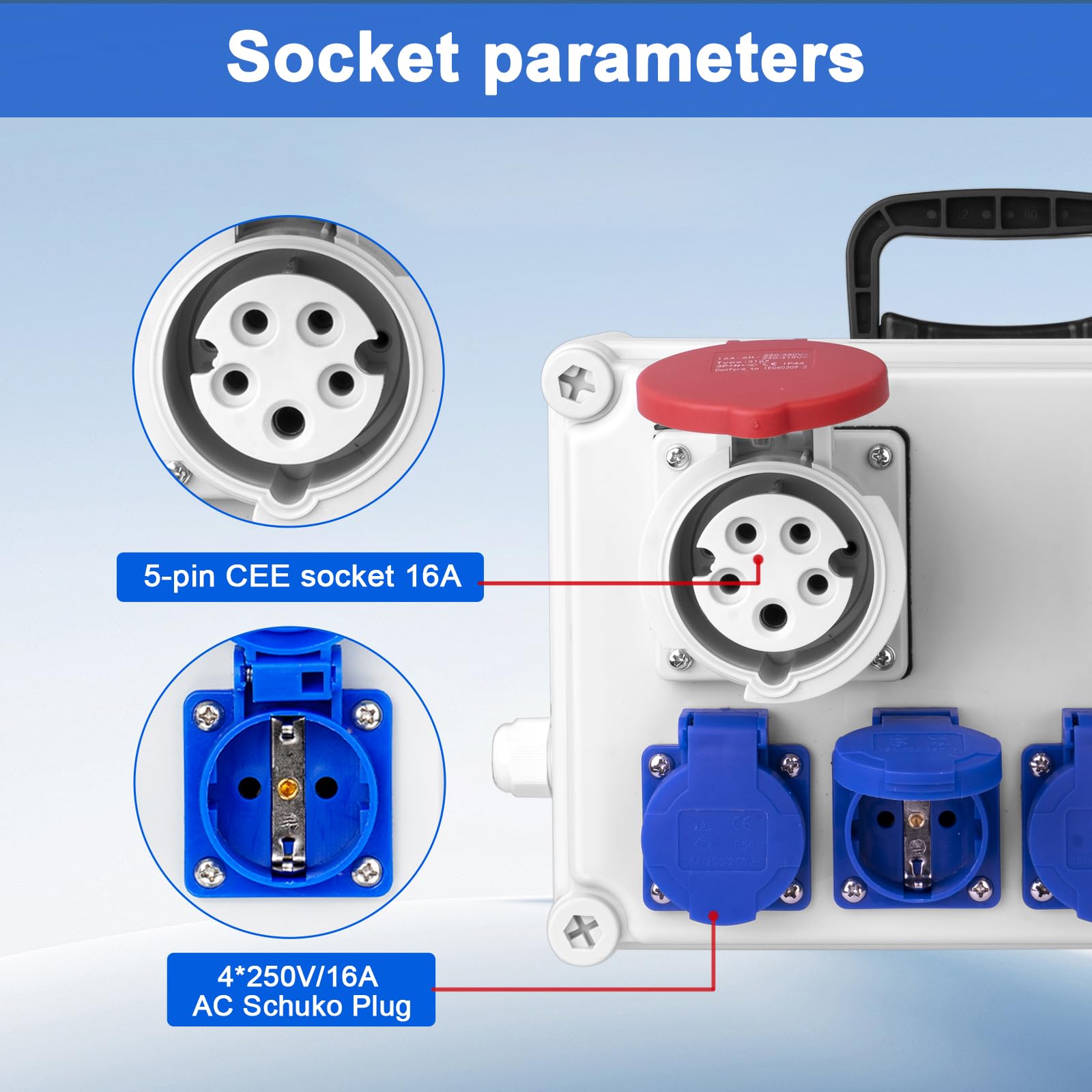 CHENGPI Distributore di corrente da parete, IP44, 2 prese CEE a 5 poli, 16 A, 4 prese Schuko da 16 A, scatola di distribuzione di corrente con cavo da 150 mm (spina CEE a 5 poli), per esterni
