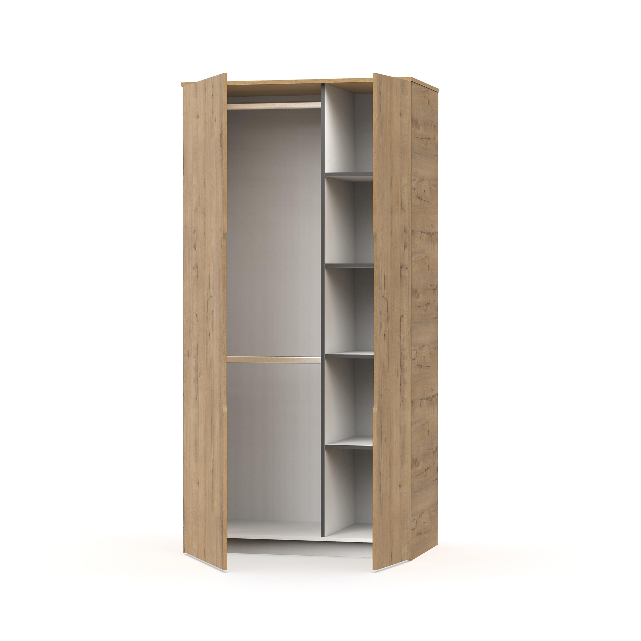 MUEBLES PITARCH | Armario Dormitorio Ropero 2 Puertas, 2 Barras y 4 Estantes Regulables, Roble Gold, 200x100x57cm (Alto x Ancho x Fondo), Mueble Recibidor Moderno, Modelo Noa