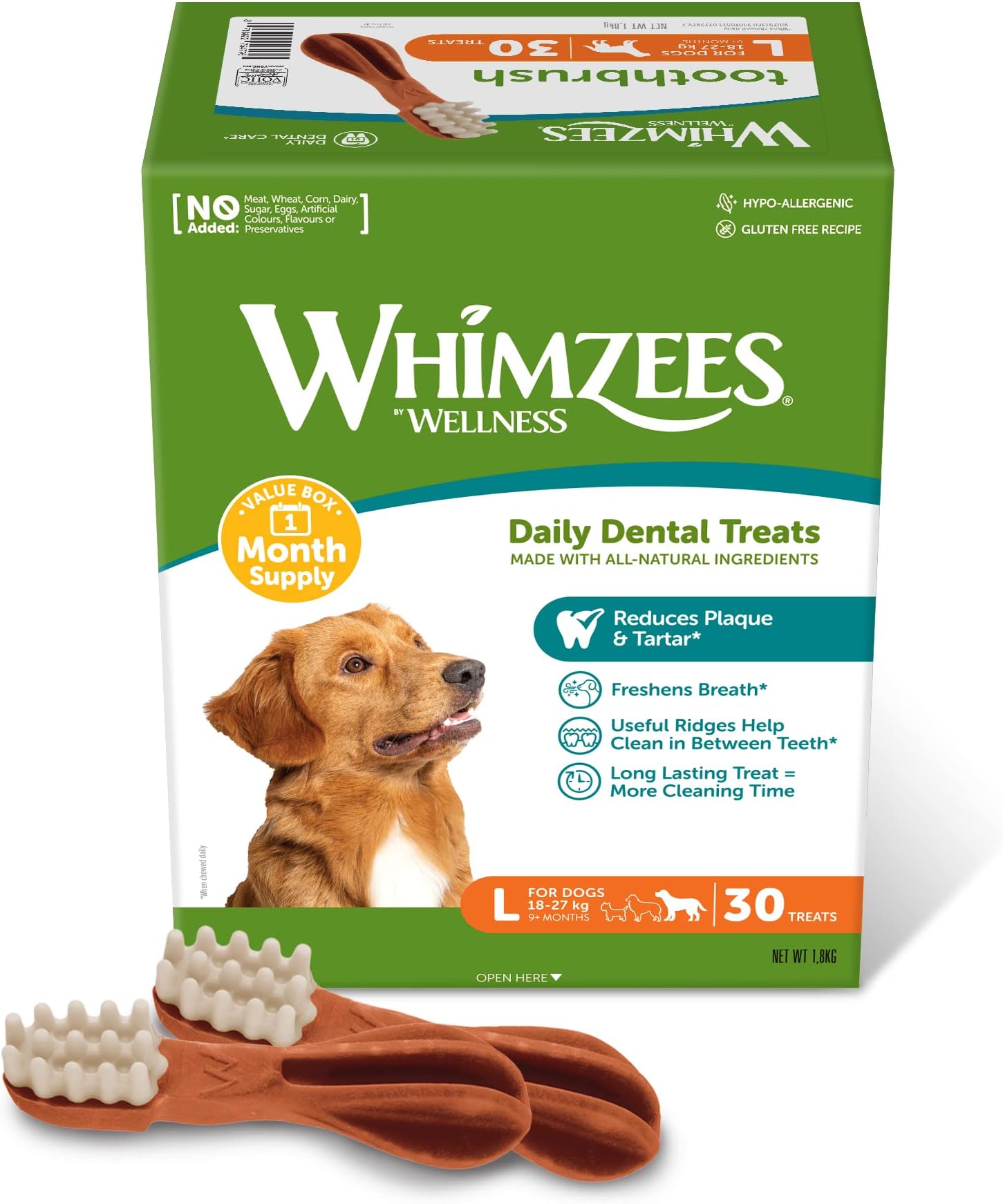 WHIMZEES Toothbrush L, Month Box, 30 Pieces – Dog Dental Stix, Size L, Dog Dental Sticks for Large Breeds, Natural and Grain Free, Rawhide-Free, Vegetarian, No Added Sugar