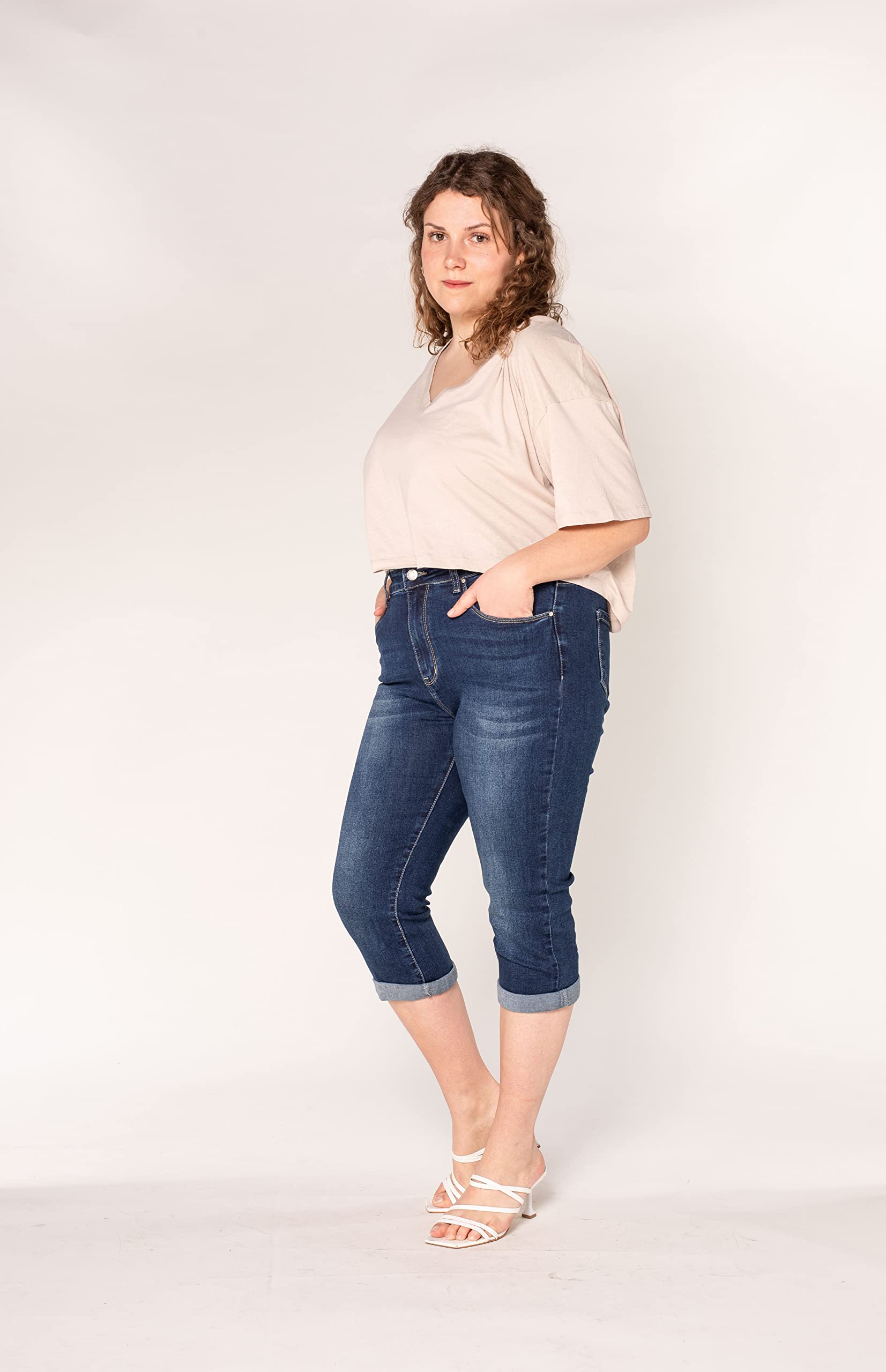 Nina Carter P200 Jean Capri Femme Grande Taille Stretch Taille Haute Jean 3/4 Style Décontracté Usé Pantacourt d'Été Élastique