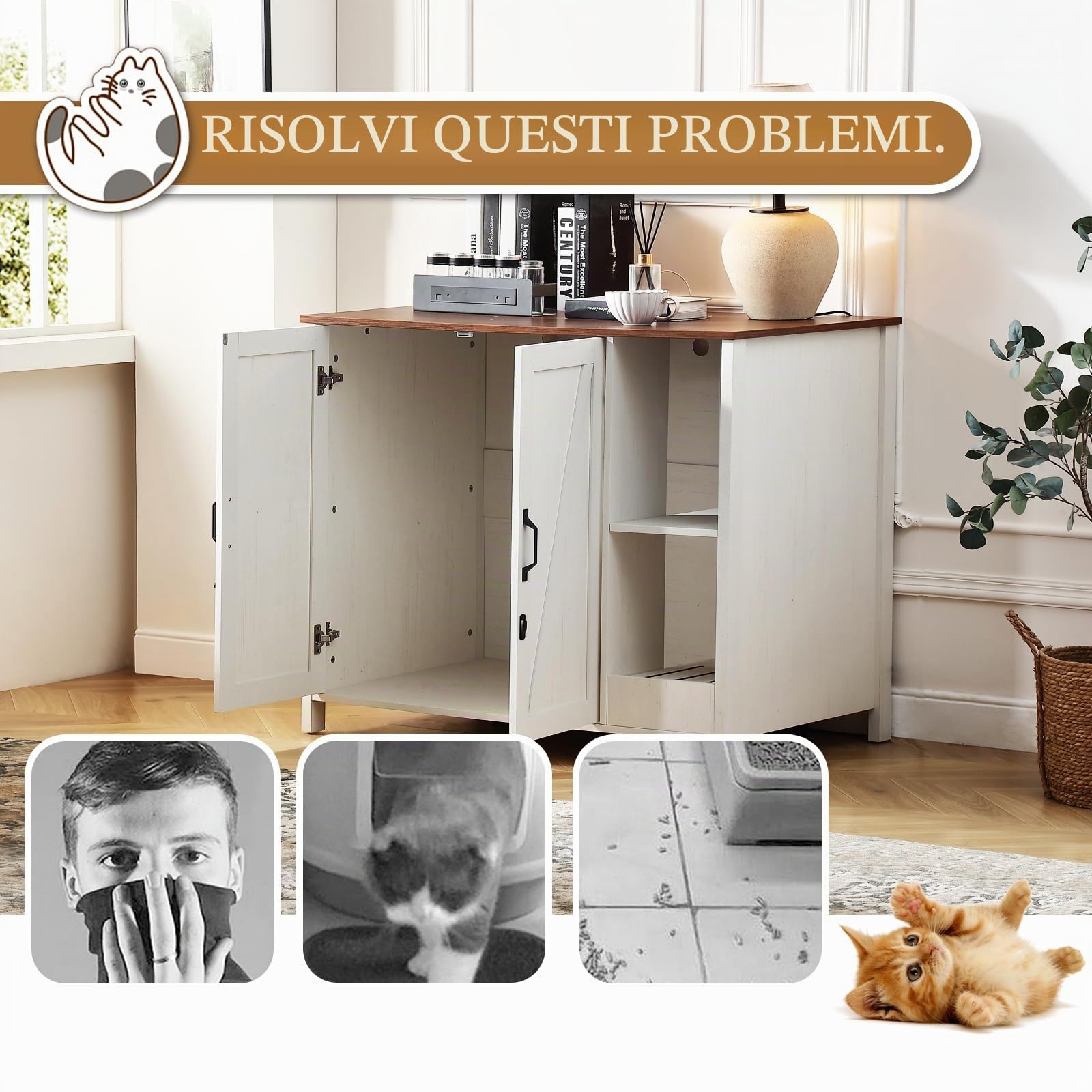 FOREST GRAVITY Cat Cabinet Litter Box Furniture Mobiletto per gatti lettiere Grande lettiera per gatti Arredamento moderno 105 * 68 * 89 cm Casa con porta e divisorio separato Bianco