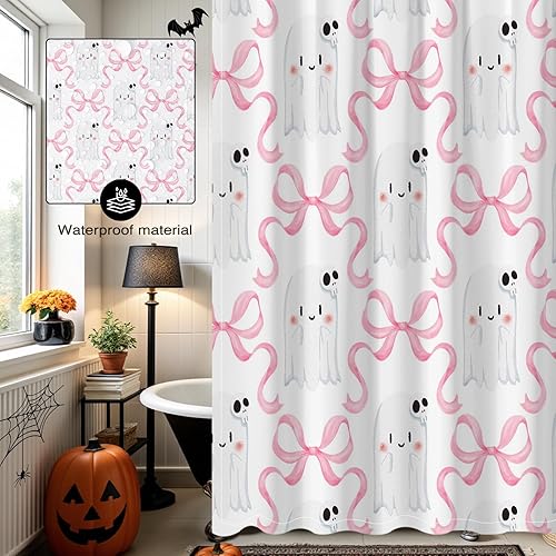 Miniatura 5 de Cortina de ducha de Halloween para baño, bonita cortina de ducha con lazo rosa, calavera y fantasma, para niños, decoración de baño de Halloween,