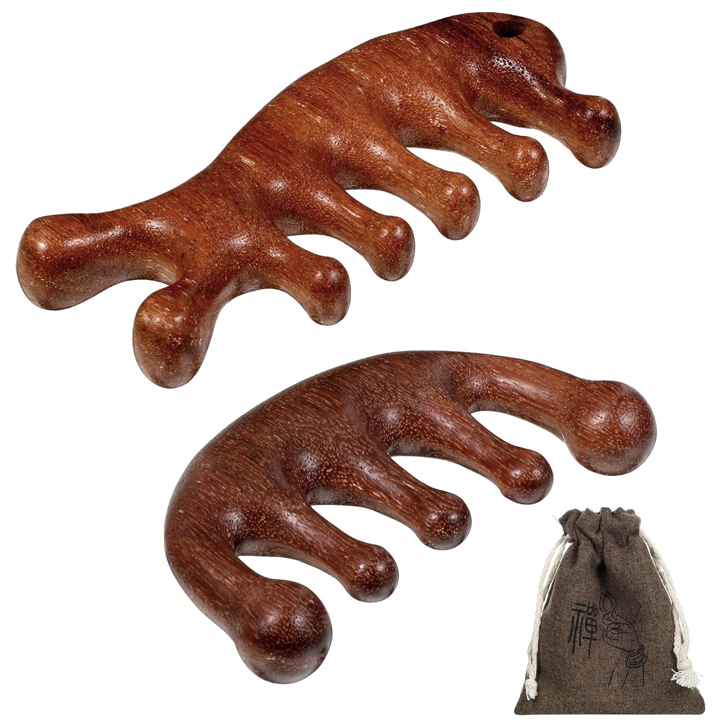 2 Pack Wooden Scalp Massage Comb, Sandalwood Scalp Massager with bag Wood Head Gua Sha Brush Wooden Wide Tooth Comb 5-Claw Head Wood Scalps Massage Tool for Women & Men Scalps Meridians Hair Growth