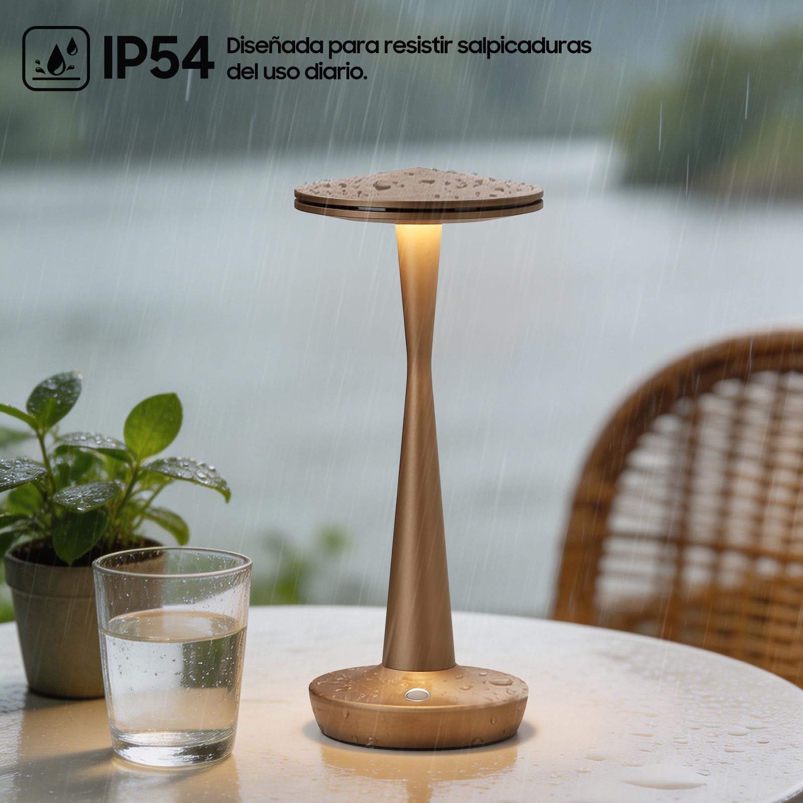 Lámpara de Mesa LED Inalámbrica Recargable 6000mAh, 3 Temperaturas de Color y Regulación Táctil Continua, IP54 Impermeable, Diseño Moderno con Memoria, para Interior y Exterior (2x Bronce)