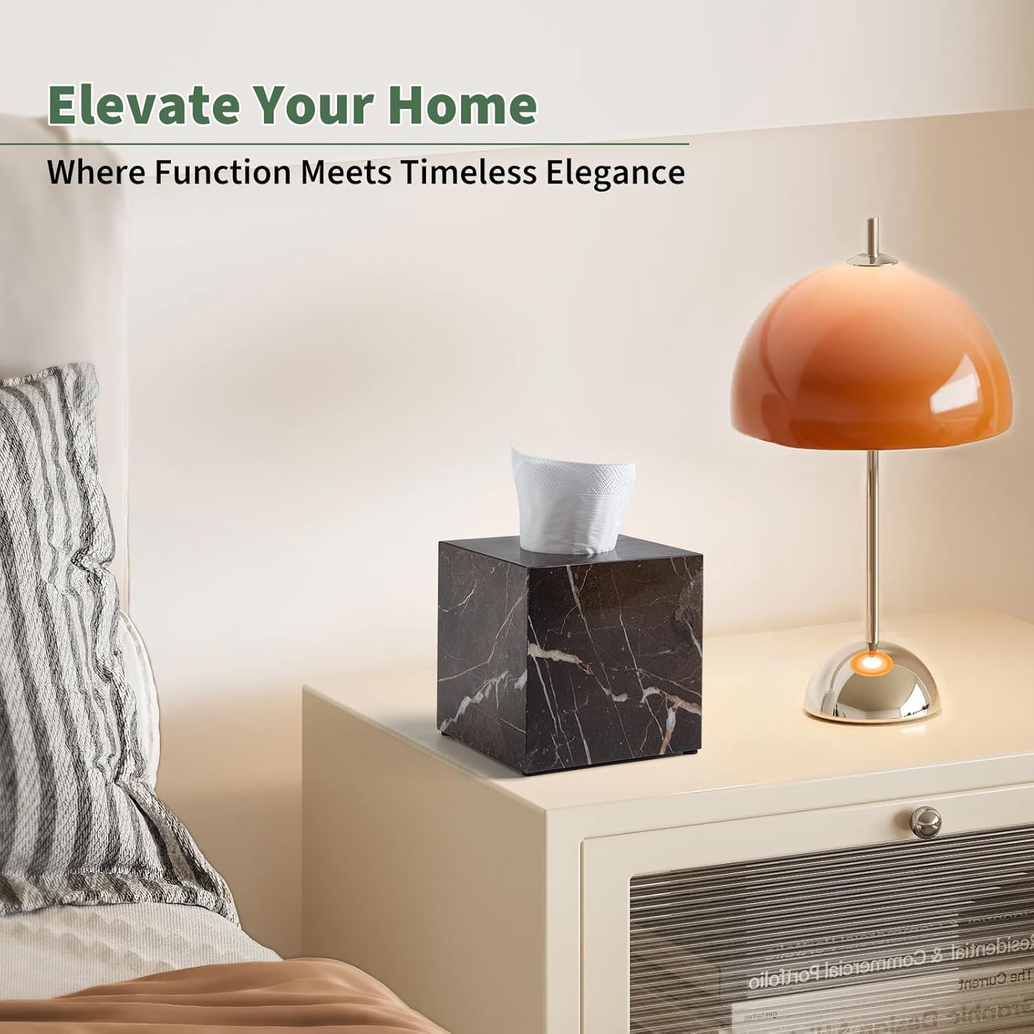 Real Natural Marble Tissue Box Cover, 5.5 Inch Square Marble Tissue Box Holder with Open Bottom, Heavy Stone Decorative Organizer for Bathroom Vanity, Kitchen Countertop, Luxury Home Décor