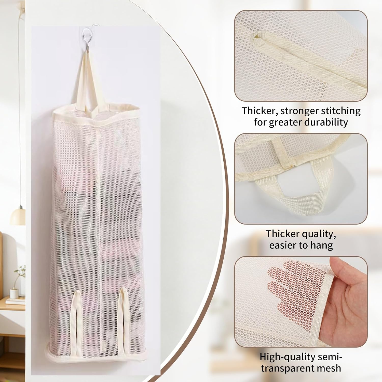 Hanging Sock Storage Bag,Sock Underwear OrganizerWall Mount Multifunctional Bag,Saver Kitchen Storage Holder,Hanging Closet Organizer,for Storing Socks Ties Plastic Bag 3PCS (Beige)