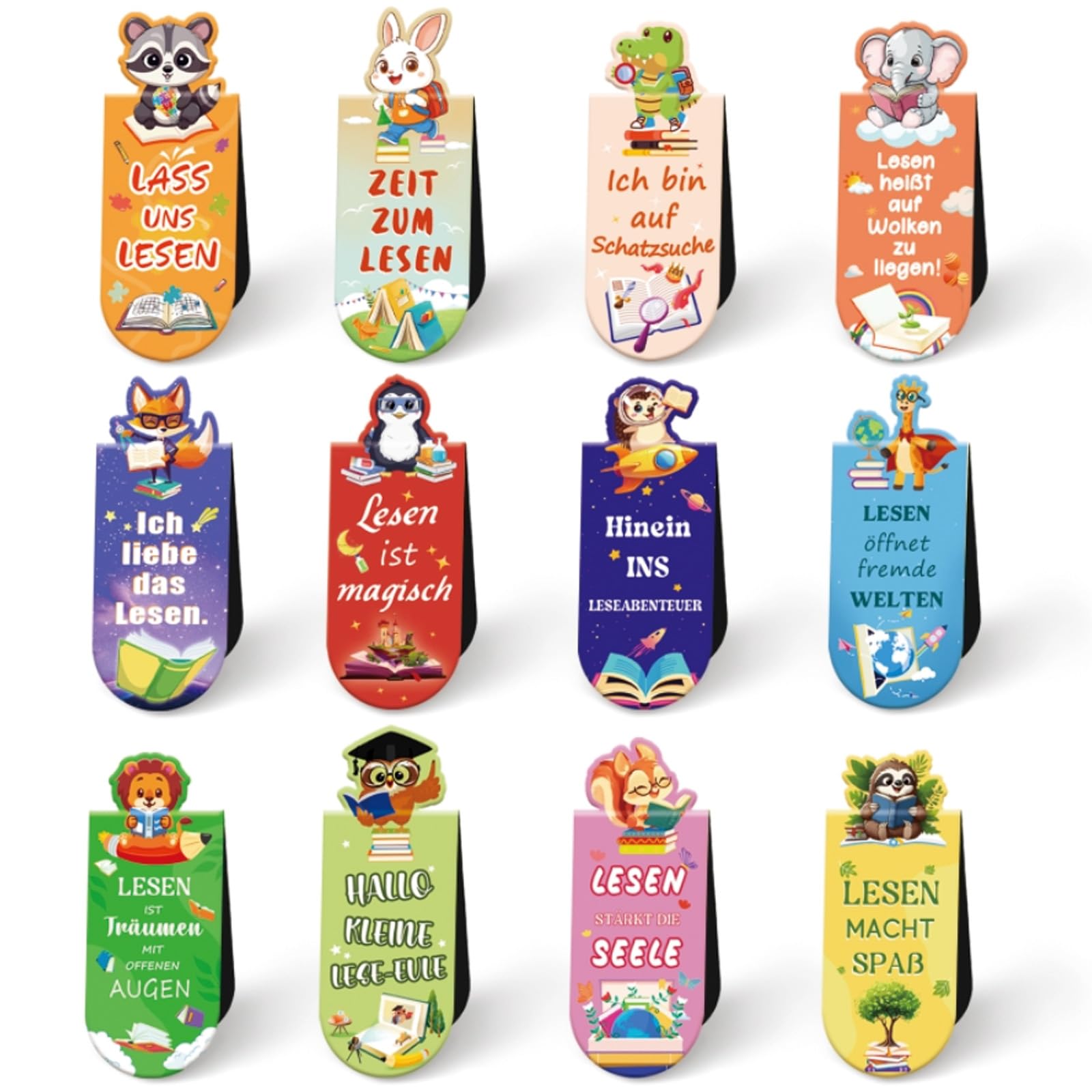 Happirra 12 Stück Magnetische Lesezeichen Kinder, Tiere Lesezeichen mit Sprüchen über das Lesen, Kleine Geschenke für Kinder Schüler, Ideen Schultüte Füllung