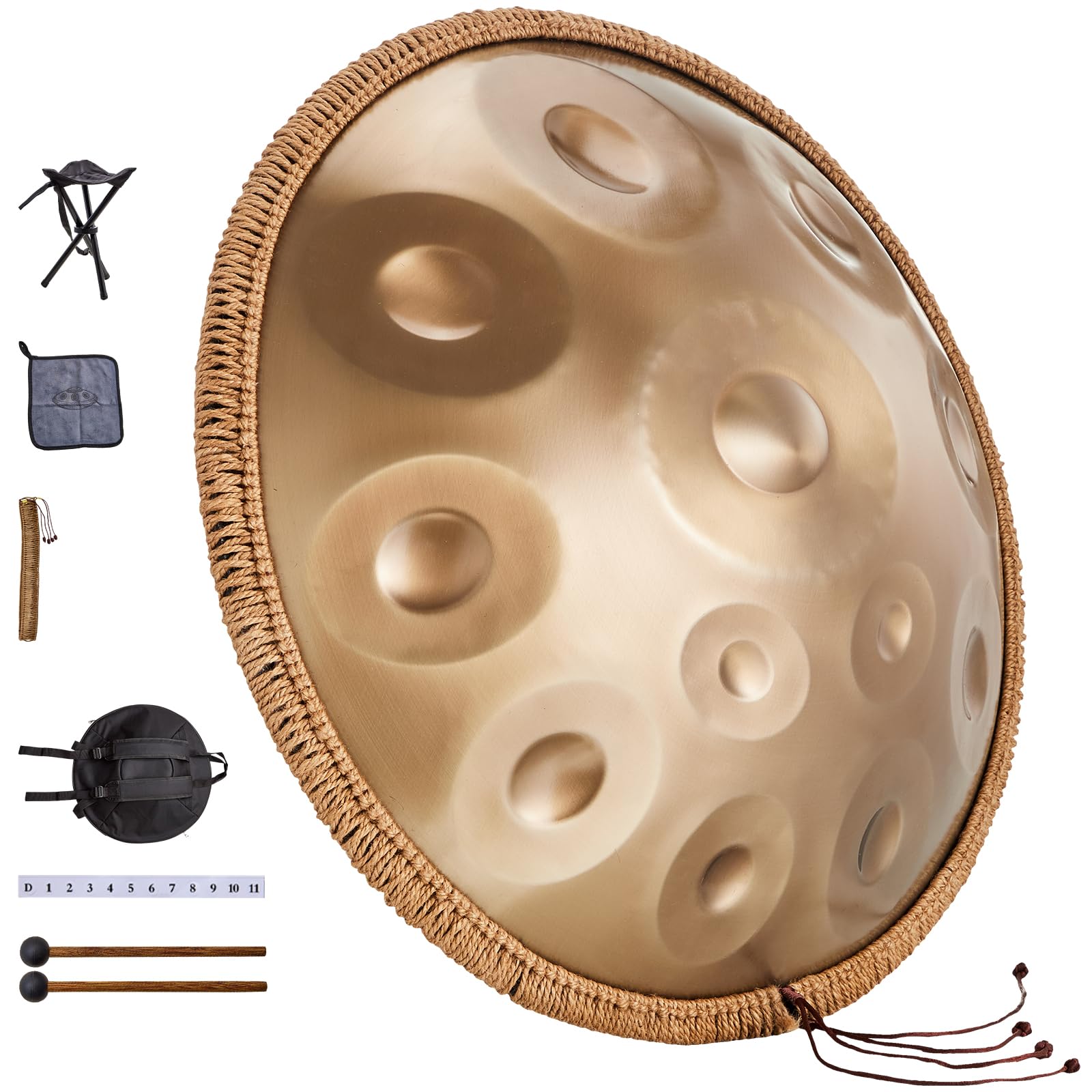 VEVOR Tamburo Handpan, Tamburo Handpan da 55,88 cm 12 Note in Re Minore con mazze, Supporto per Handpan 440Hz e Borsa Trasporto, Tamburo Curativo in Acciaio, Strumenti a Percussione per Principianti