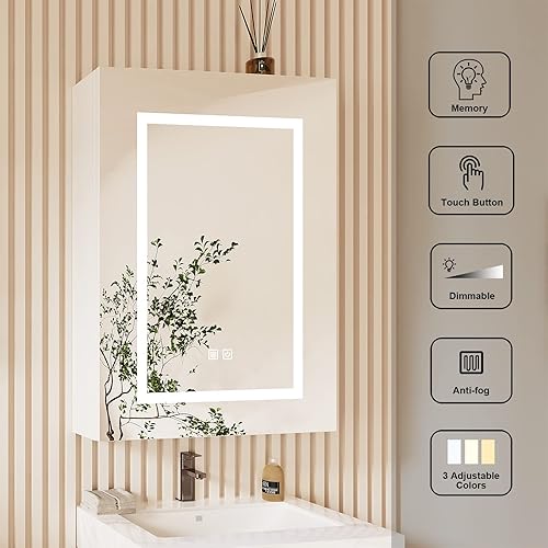 Miniatura 5 de Mepplzian Gabinetes de medicina LED para baño con espejo iluminado con espejo con montaje en superficie desempañador, gabinete de medicina con