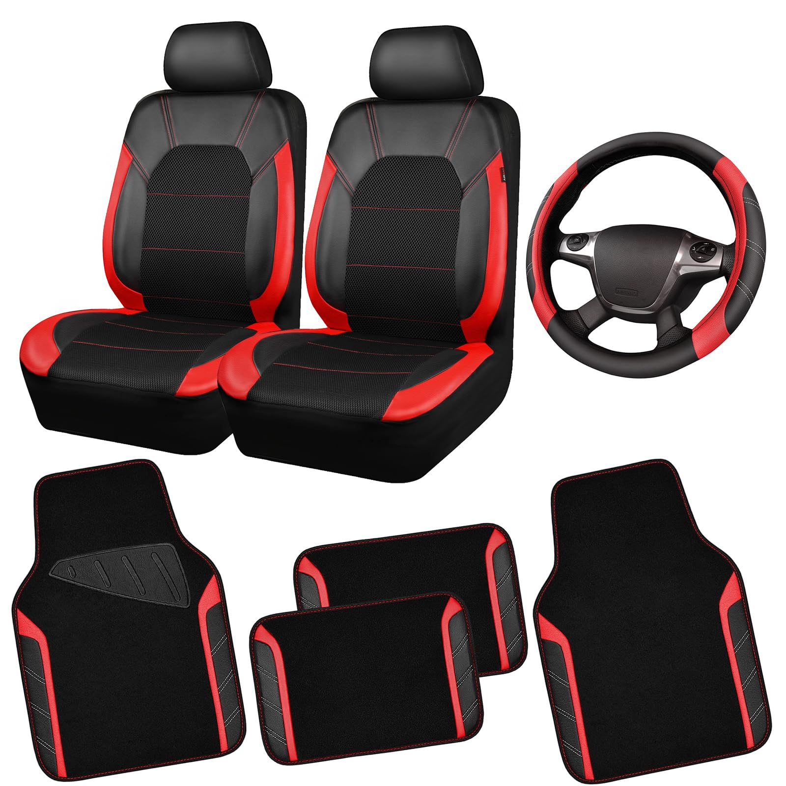 CAR PASS Air Mesh Leather Car Seat Covers for Front Seats Waterproof Car Floor Mats Sporty Steering Wheel