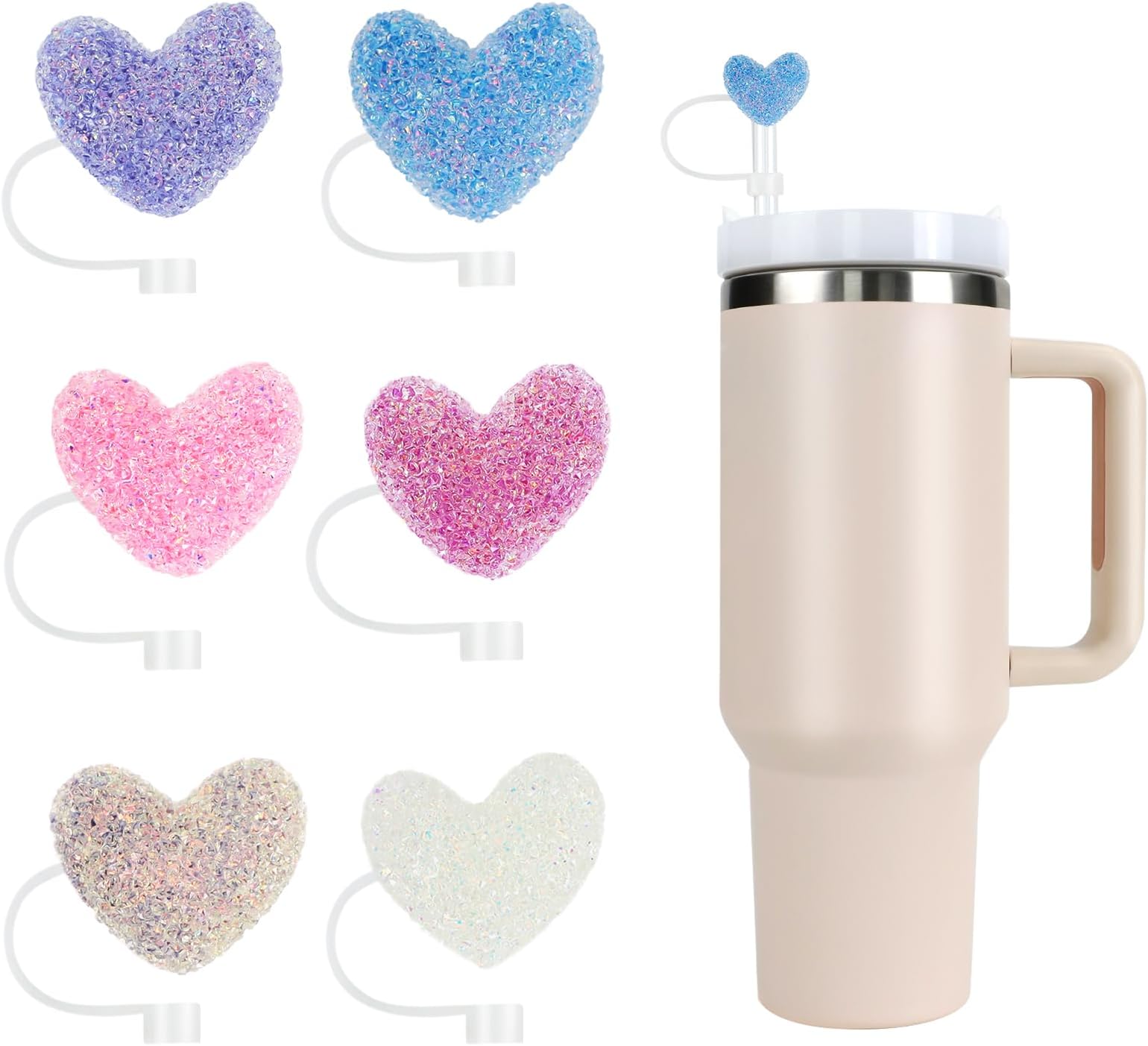 Stanley Straw Cover Cap, 6PCS Glitter Toppers for Stanley Cup, Reusable Tumbler Accessories Compatible with 10mm Straw, Funny Gifts for Women & Girls (LOVE)