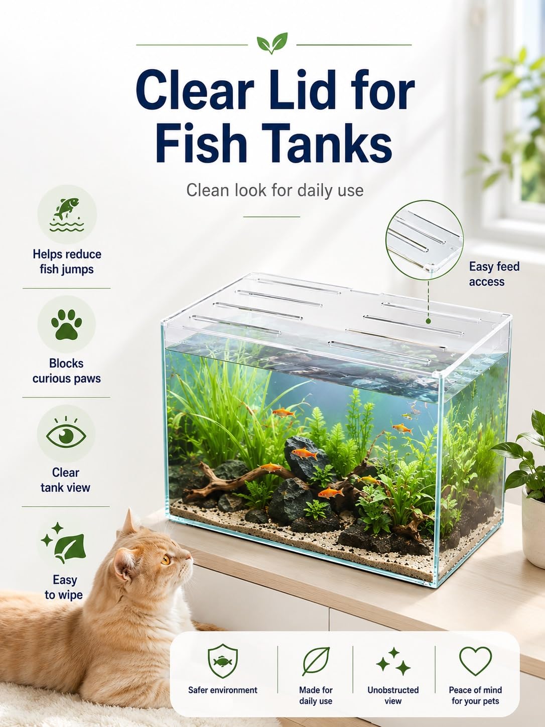 Generico Coperchio per Acquario in Acrilico 8 mm, Copertura Trasparente per Vasca Pesci con Fessure d’Aria, Apertura per Alimentazione, Protezione Anti-Salto e Pulizia Facile(45x40 cm)
