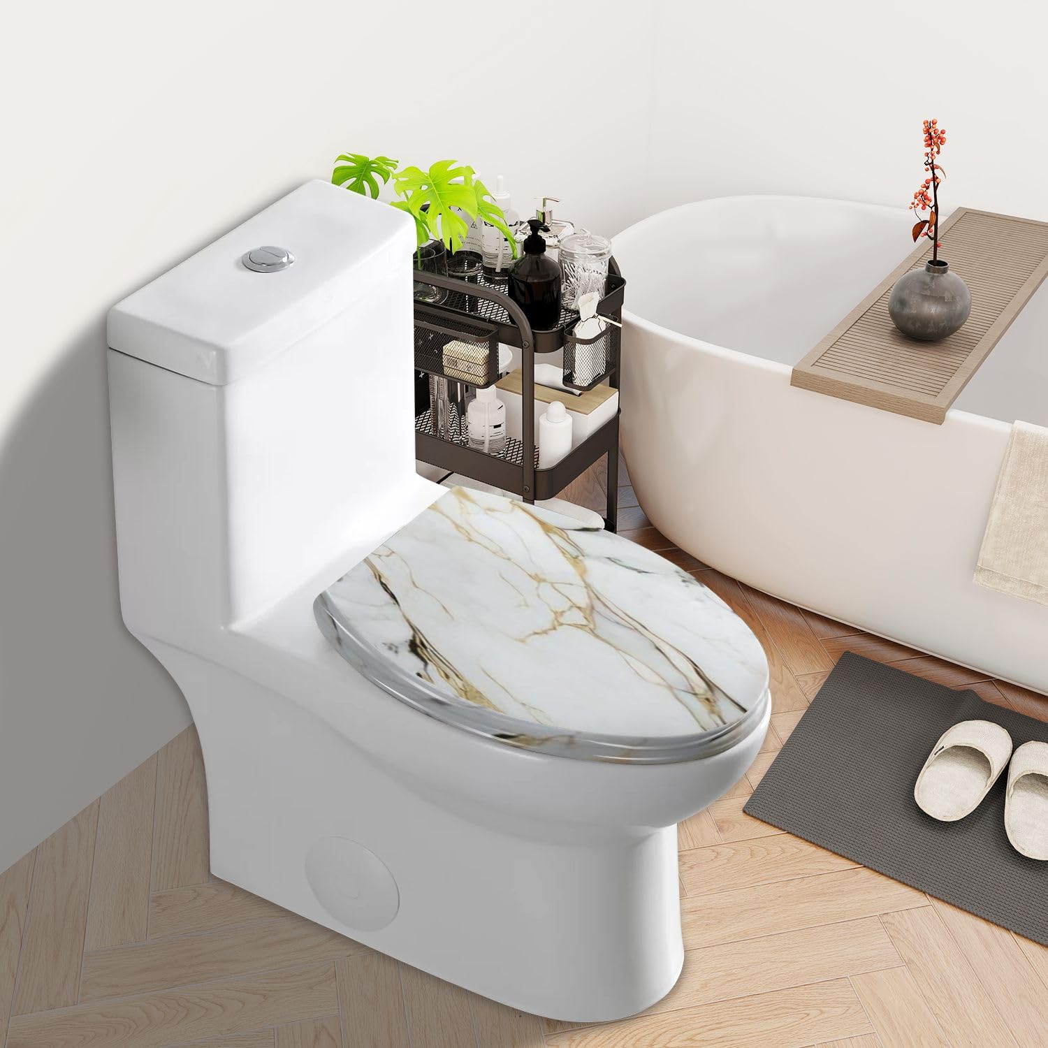 Elongated Toilet Seat Marble gold texture Wedding luxury Resin Toilet Seat Quietly Slow Close with Quick-Release Hinges Toilet Seat with Cover Easy to Clean Install