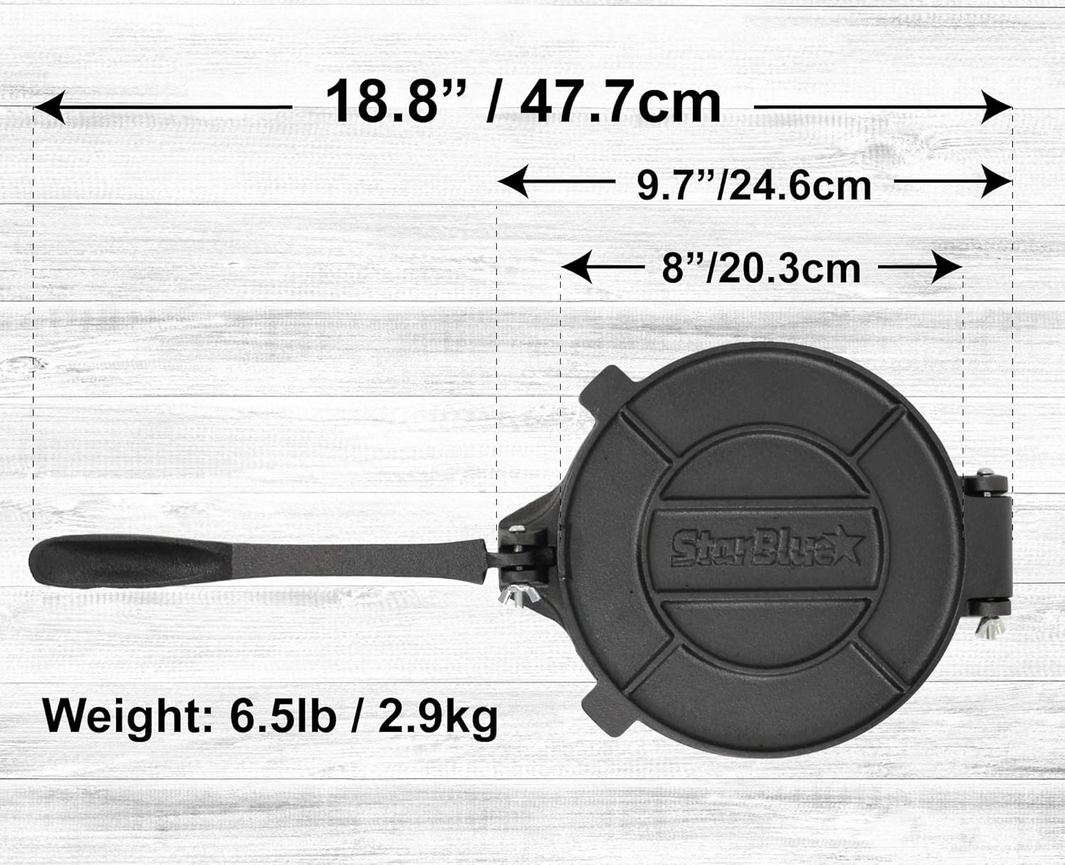StarBlue - Stampo Per Tortilla In Ghisa Da 20,3 Cm Con 100 Pezzi Di Carta Oleata Ed Ebook Di Ricette In Omaggio, Con Strumento Per Realizzare Chapati In Stile Indiano, Tortillas, Roti