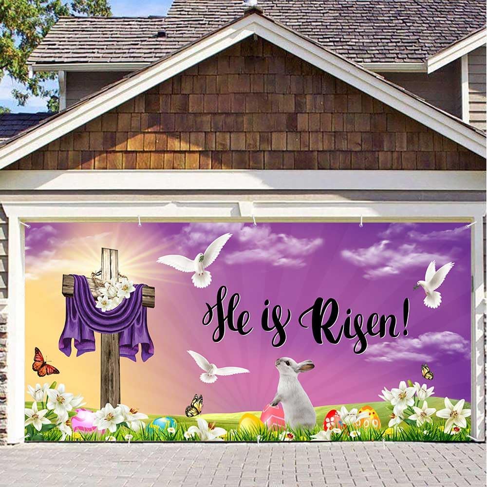 13 x 6 ft He Is Risen Garage Door Banner Easter Nativity Garage Door Cover Decorations Mural Cross Jesus Religious Christian Garage Door Cover Backdrop Decorations Indoor Outdoor Easter Spring Wall Door Decor
