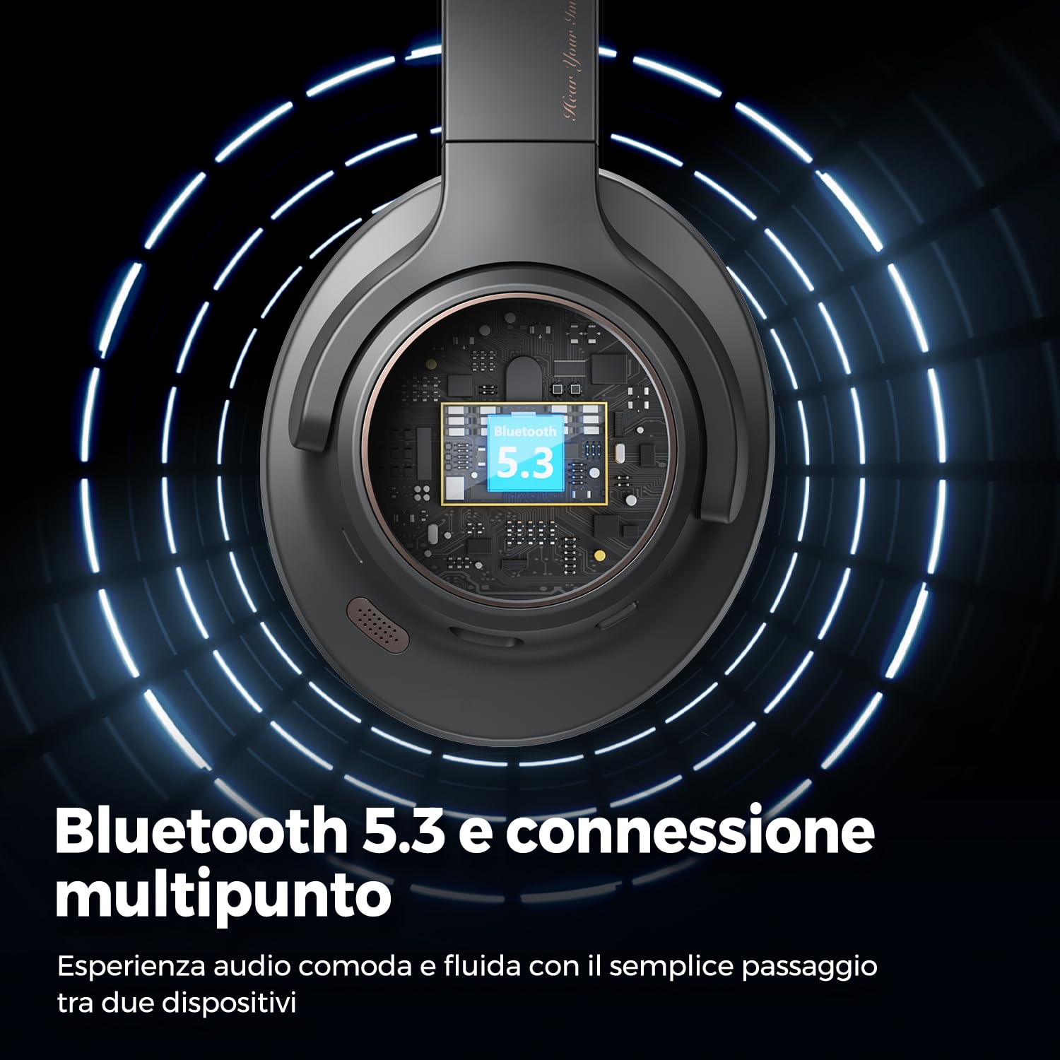 SoundPEATS Space Cuffie Bluetooth 5.3 Over-Ear, Archetto Pieghevole, ANC Ibrido 35 dB, Driver 40mm, ENC per Chiamate, Multipoint, 123 Ore Autonomia Ricarica Rapida | · ENC cancellazione rumore per chiamate · Multipoint Bluetooth 5.3 · ricarica rapida 10mi