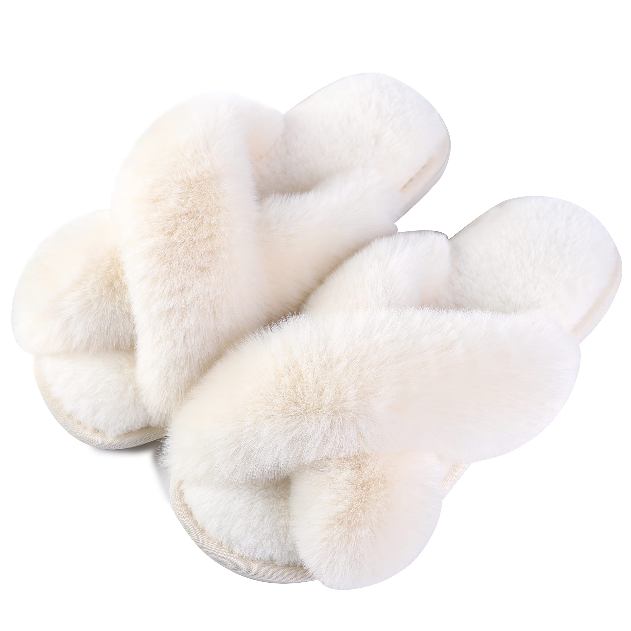 HIPRETTYUS Women's Cross Band fluffy Slippers, Lady Soft Plush Faux Rabbit Fur Furry Cozy Open Toe House Indoor Warm Slippers