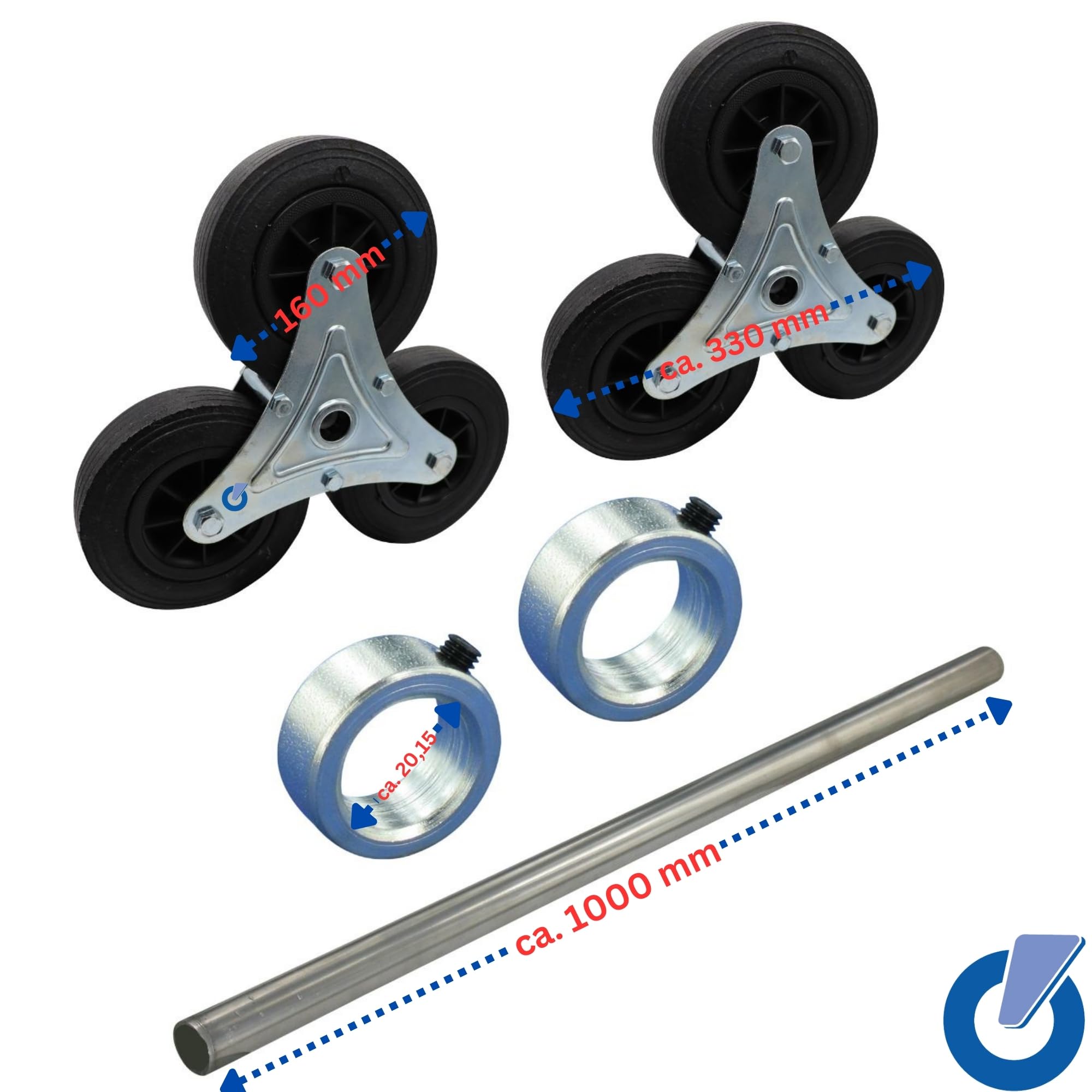 Rollentechnik Kit di conversione da carrello a carrello per scale, 2 stelle della ruota, 1 asse completo, 2 anelli di regolazione
