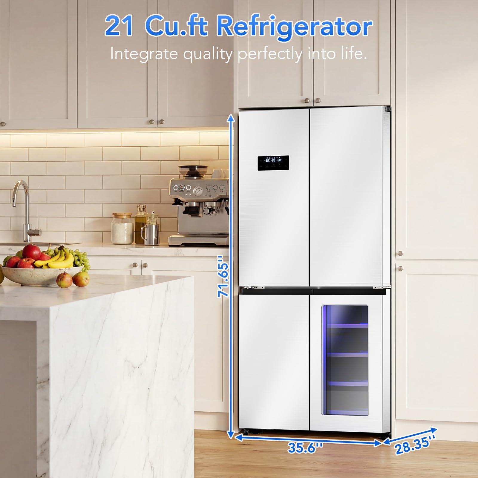 Cowsar 36-Inch And 21 Cu. Ft. Counter Depth French Door Refrigerator With Wine Cabinet And 4 Doors Kitchen Deep Freezer In Stainless-Steel on Fridge.com - View 2
