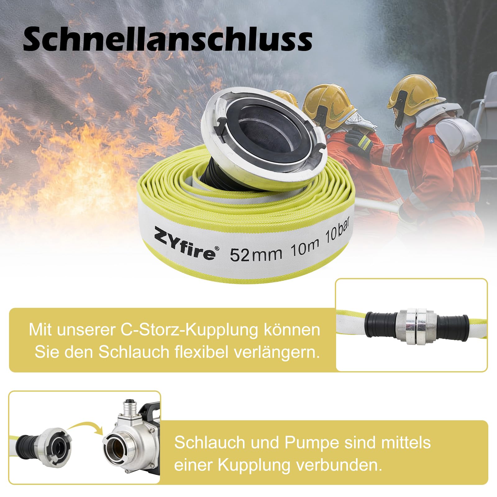 ZYfire Feuerwehrschlauch 52mm x 10m | 2 Zoll Feuerschlauch mit C-Storz Kupplung | flexibler Wasserschlauch für Feuerwehr Industrie und Garten | Flachschlauch mit 10 Bar Betriebsdruck | TPR-Innenfutter