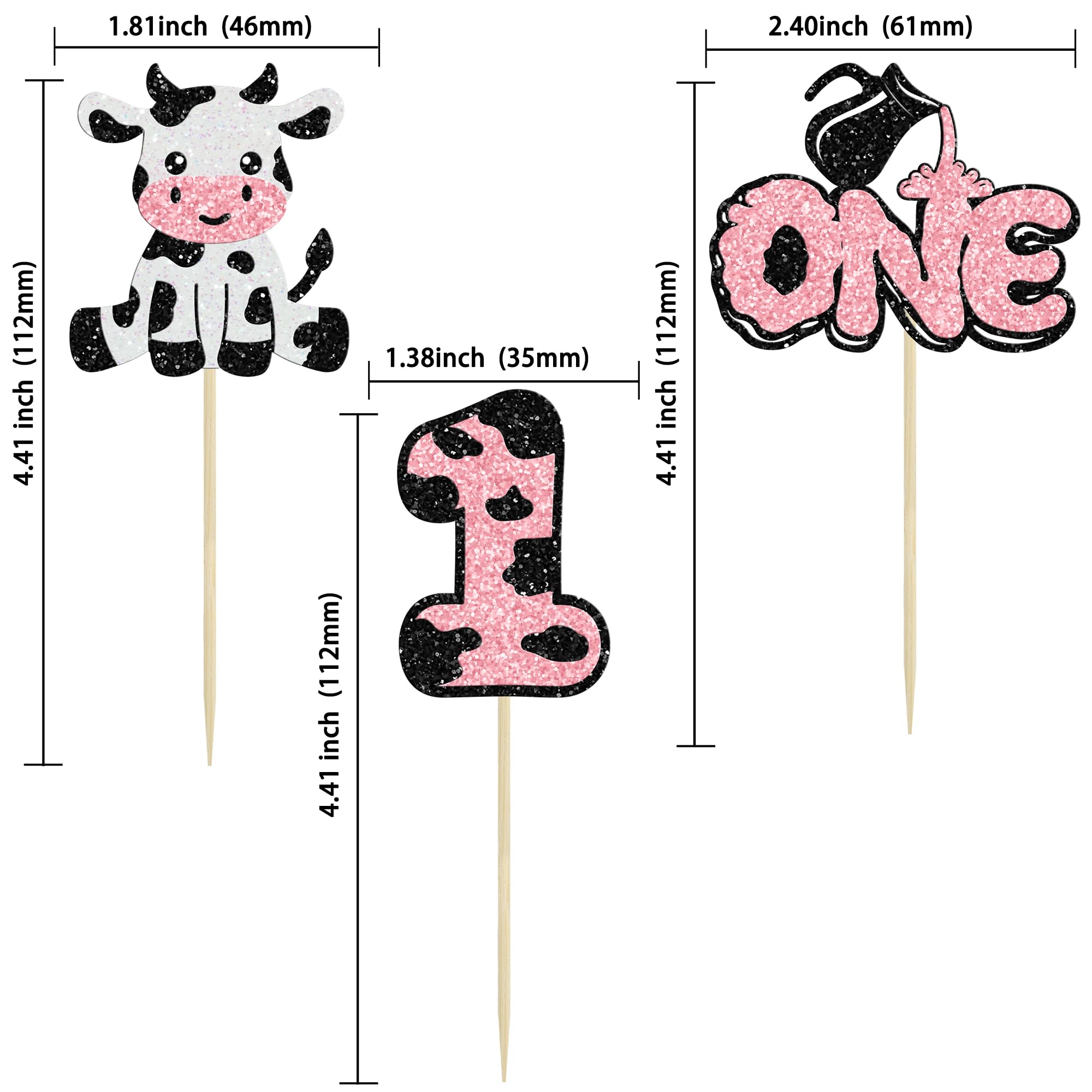 Ephlyn 24Pcs Cow First Birthday Cupcake Toppers Glitter Farm Animals Moo One Cupcake Pick Decorations for Baby Shower 1st Birthday Party Supplies Pink
