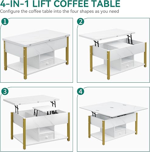 YITAHOME Table Basse Réglable en Hauteur, Multifonctionnelle 4 en 1 avec Espace de Rangement, Se Transforme en Table de Salle à Manger pour Le Salon, Marbre Blanc - 2