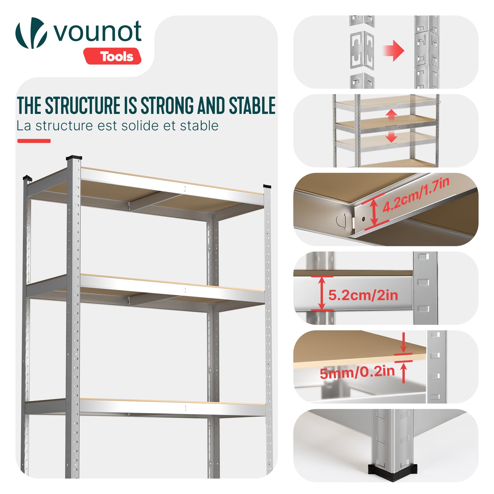 VOUNOT 2 x Estantería Metálica Reforzada 180x90x40 cm, Estante Almacenamiento de 5 Niveles, Estantería Cargas Pesadas, Montaje sin Herramientas, Carga de 1250 kg, para Garaje, Bodega, Trastero