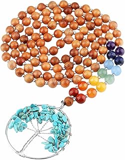 SUNYIK 7 Chakra Stone Natural Yew Wood 108 Mala Necklace Buddhist Prayer Beads with Blue Turquoise Pendant