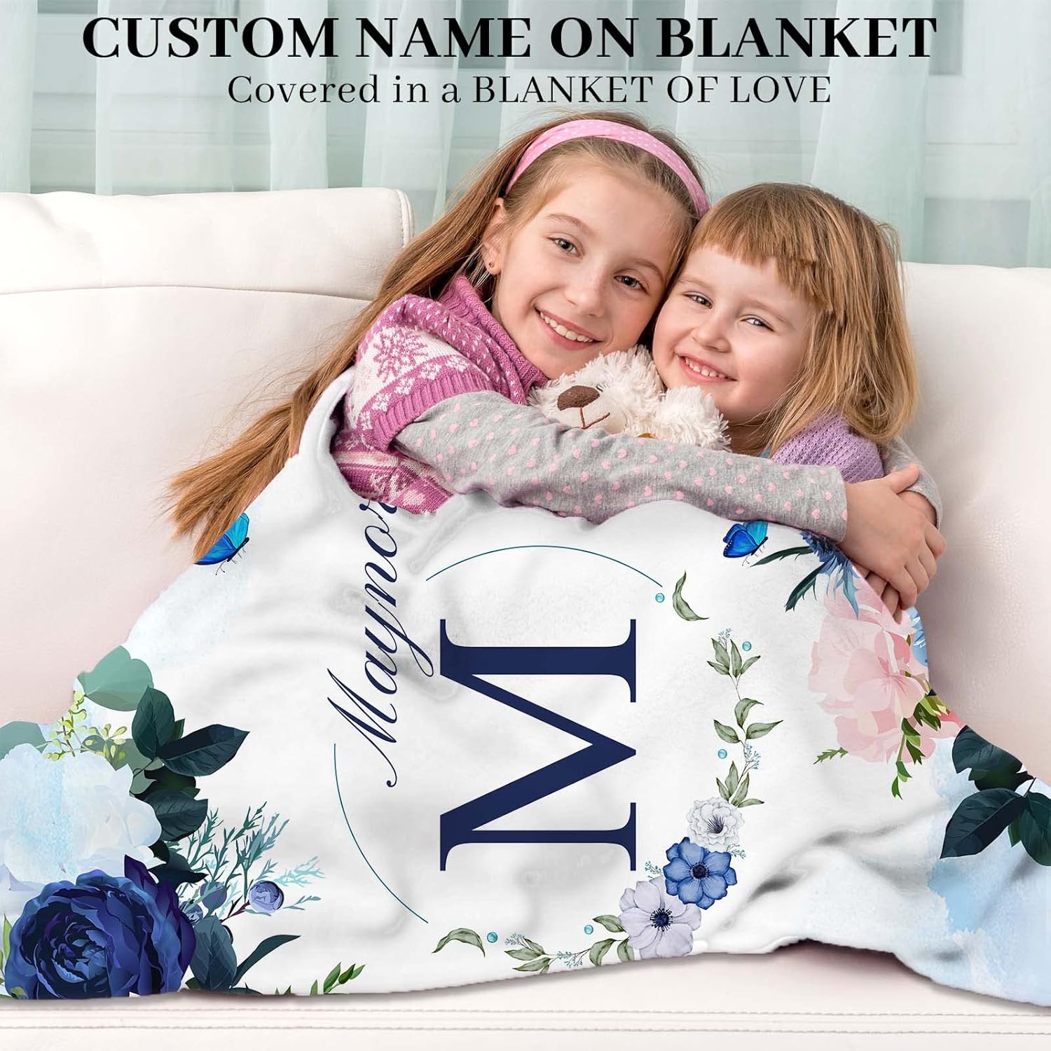 Custom Baby Kids Blanket with Name and Initial Personalized Flower Baby Blankets Customized Name Blanket for Girl Boy, Ultra Soft Lightweight Warm Flannel Blanket Suit for Couch Bed Sofa Home, 50"x60"