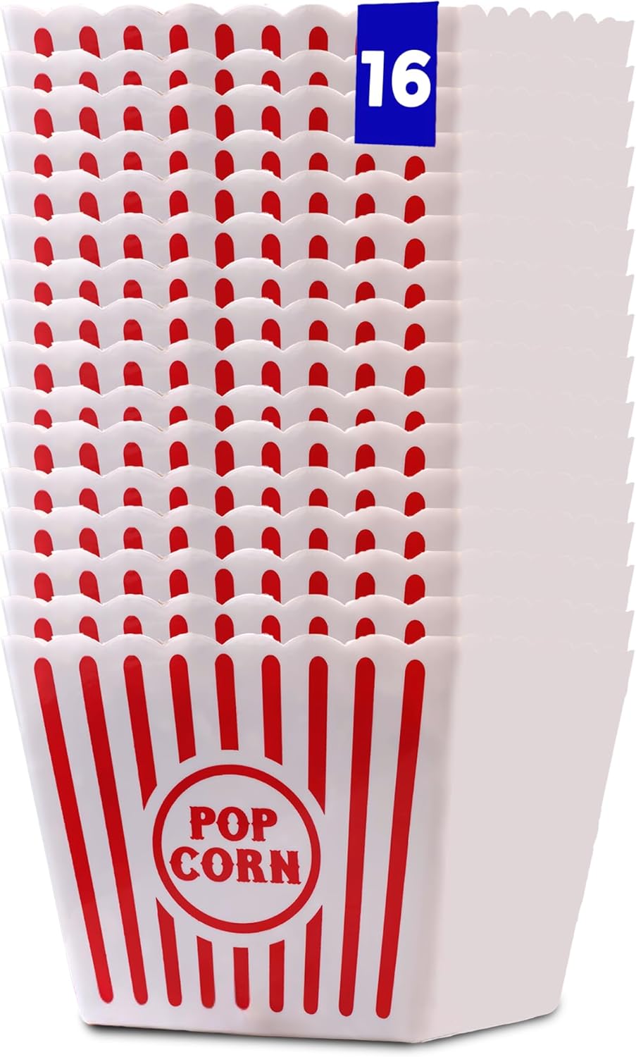 Cocosmile Movie Night Popcorn Containers for Theater, Cinema, and Home Use - Red and White Striped Durable Reusable Plastic Buckets for Snacks and Popcorn (16, Large)