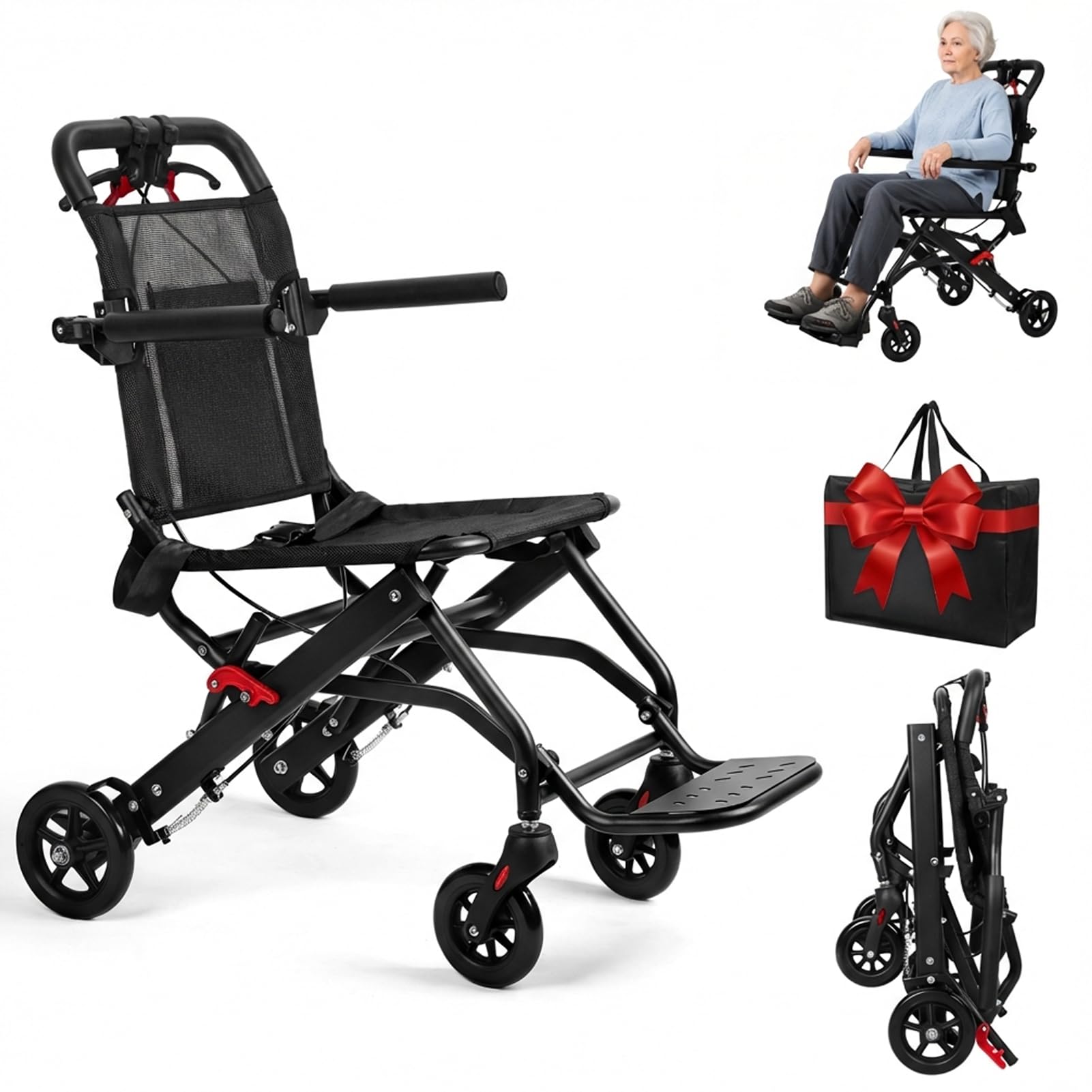 Sillas de ruedas para adultos, silla de transporte ultrafina de aleación de aluminio para personas mayores, silla de ruedas plegable portátil con reposabrazos abatible, silla de ruedas de viaje