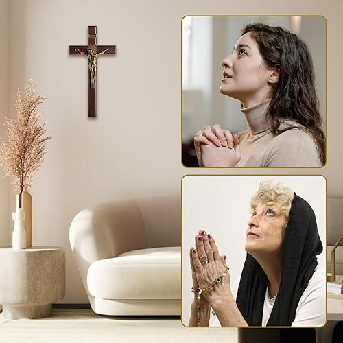 Miniatura 7 de KUXBET Crucifijo de madera con soporte desmontable de 10 pulgadas de pie católica de madera católica Jesucristo colgante de pared para decoración