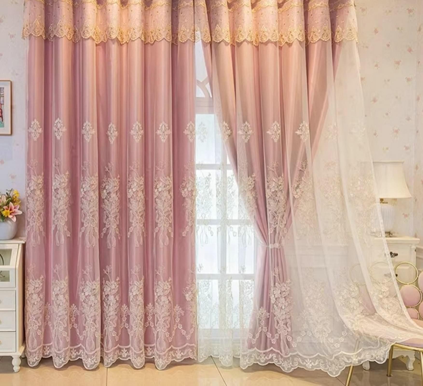 Rideau salon occultant Beydodo contre le vis-à-vis rose brodé fleuri 102x244 cm avec crochet