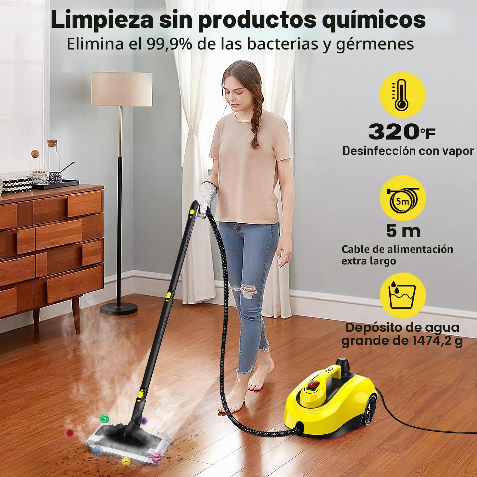 TVD Limpiador a vapor hogar, portátil limpiador vapor, con 26 accesorios | cable extra largo 5 m | para vapores, horno, azulejos, alfombras, cocina, baño | presión: 5 bar | 2000 W | sin químicos