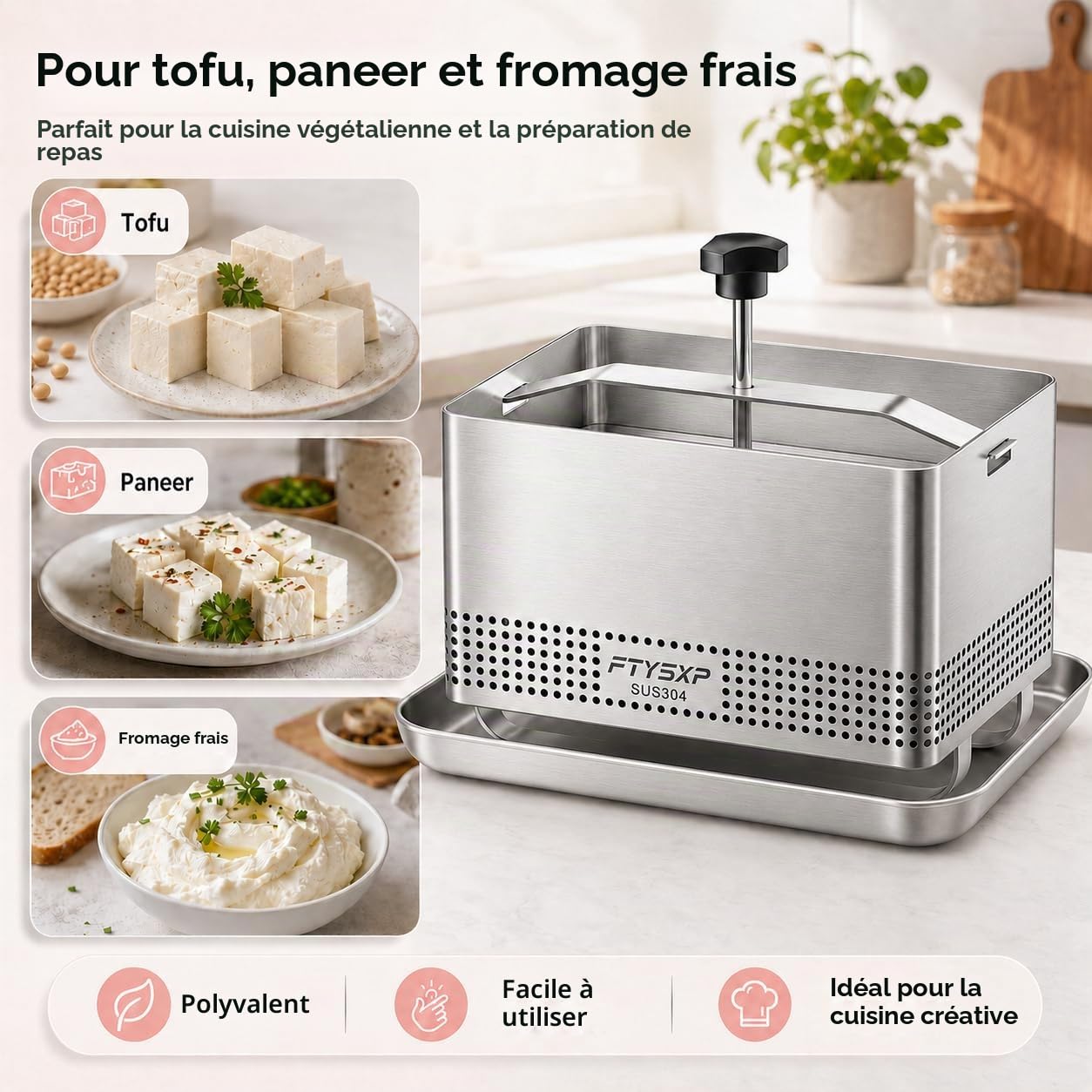 Presse à tofu réglable en acier inoxydable 304, avec bac d'égouttement et chiffon à fromage, sans BPA, passe au lave-vaisselle, presse à fromage pour tofu, paneer, fromage et légumes 16 x 13 x