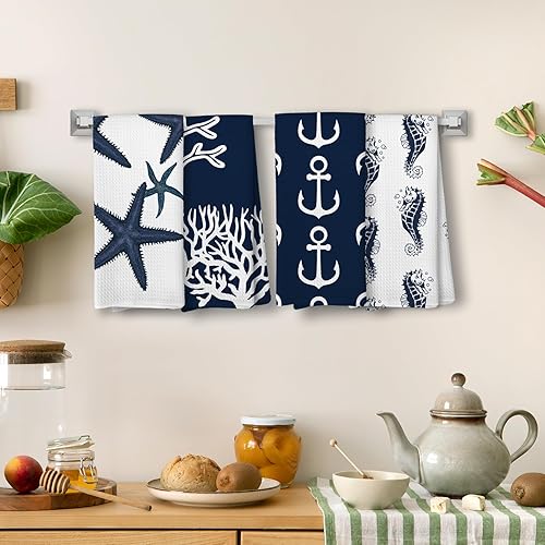 Miniatura 5 de Toallas de mano náuticas de animales oceánicos para baño, playa y cocina - Juego de 4 paños de cocina azul marino costero de 16 x 24 pulgadas